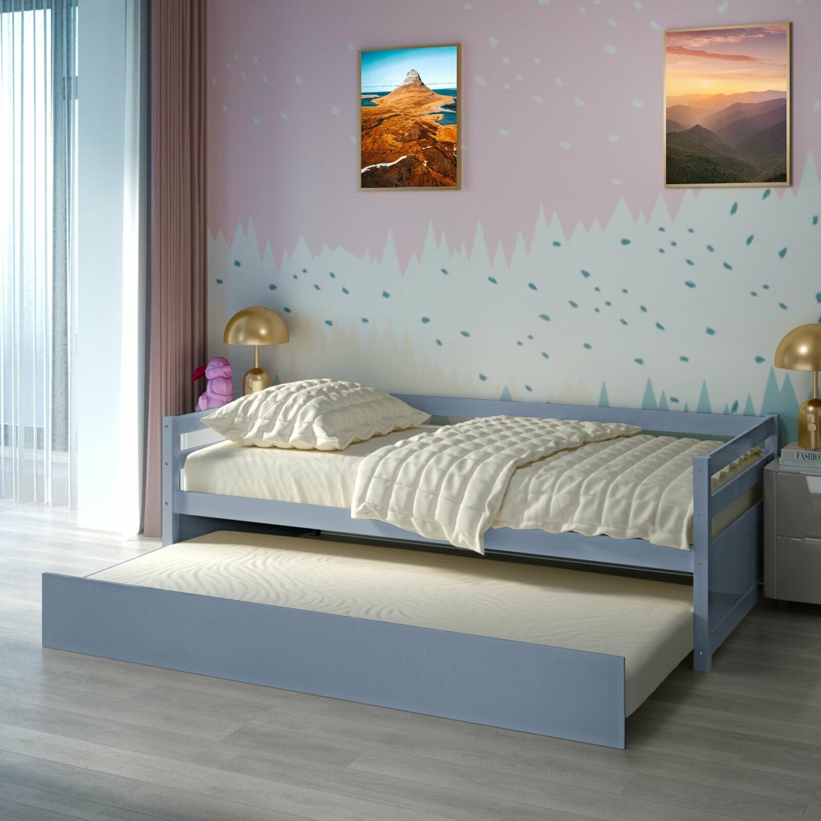 Twin Size Trundle Platform Bed Frame with  Wooden Slat Support, Gray Trundle Bed Frame   at Gallery Canada