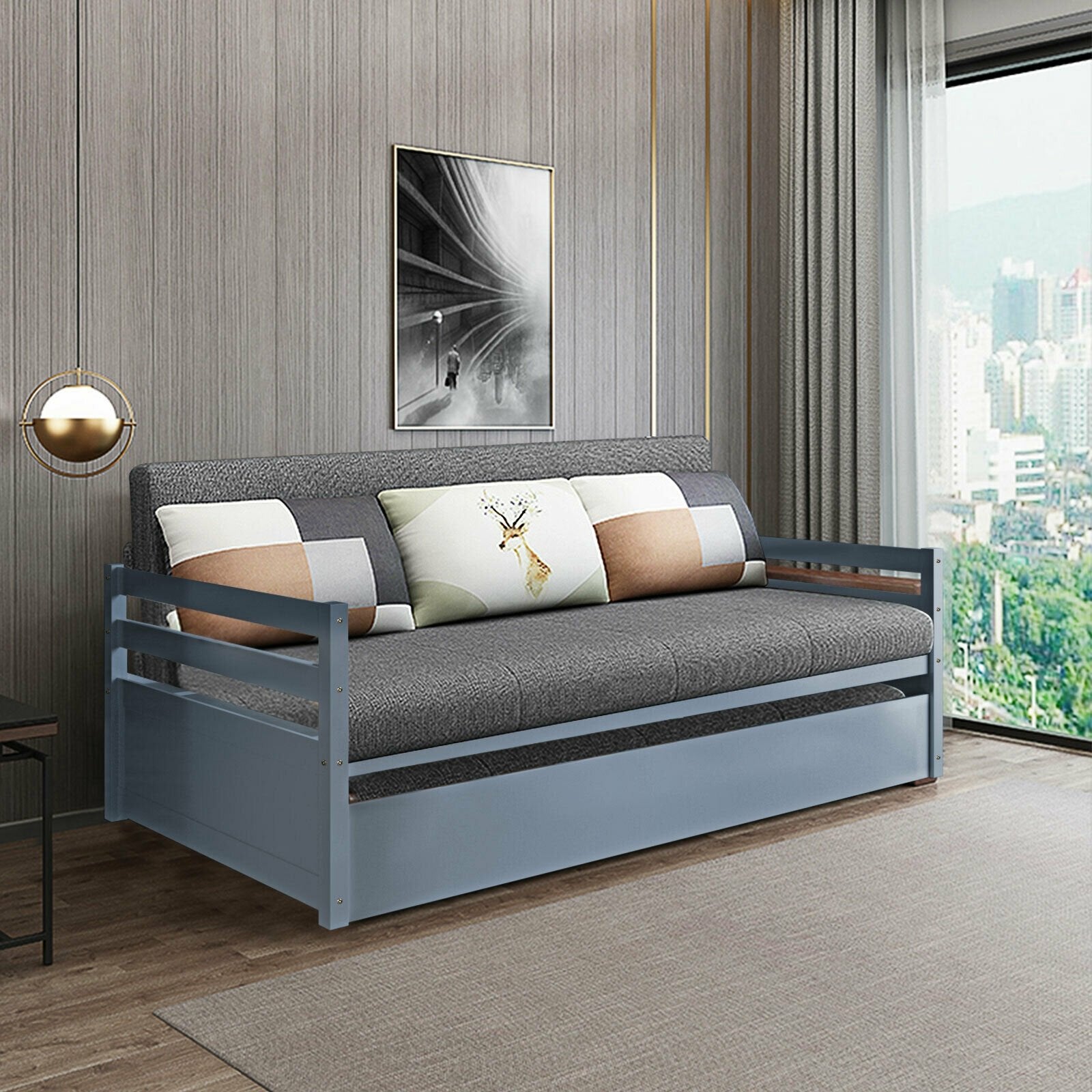 Twin Size Trundle Platform Bed Frame with  Wooden Slat Support, Gray Trundle Bed Frame   at Gallery Canada