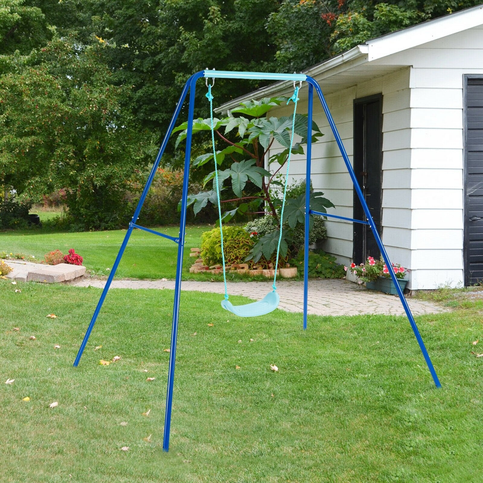 Outdoor Kids Swing Set with Heavy-Duty Metal A-Frame and Ground Stakes, Blue Swing & Playsets   at Gallery Canada