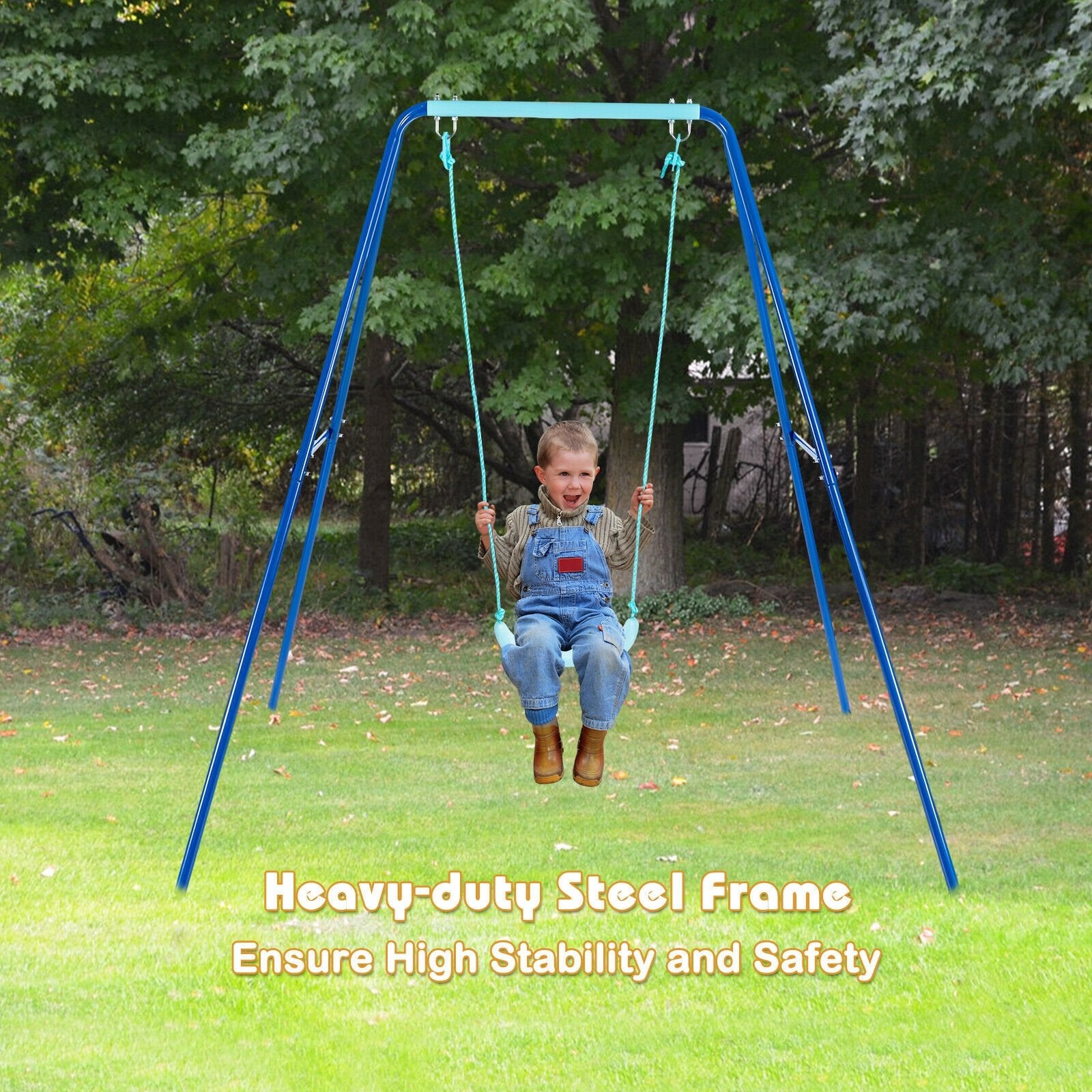 Outdoor Kids Swing Set with Heavy-Duty Metal A-Frame and Ground Stakes, Blue Swing & Playsets   at Gallery Canada