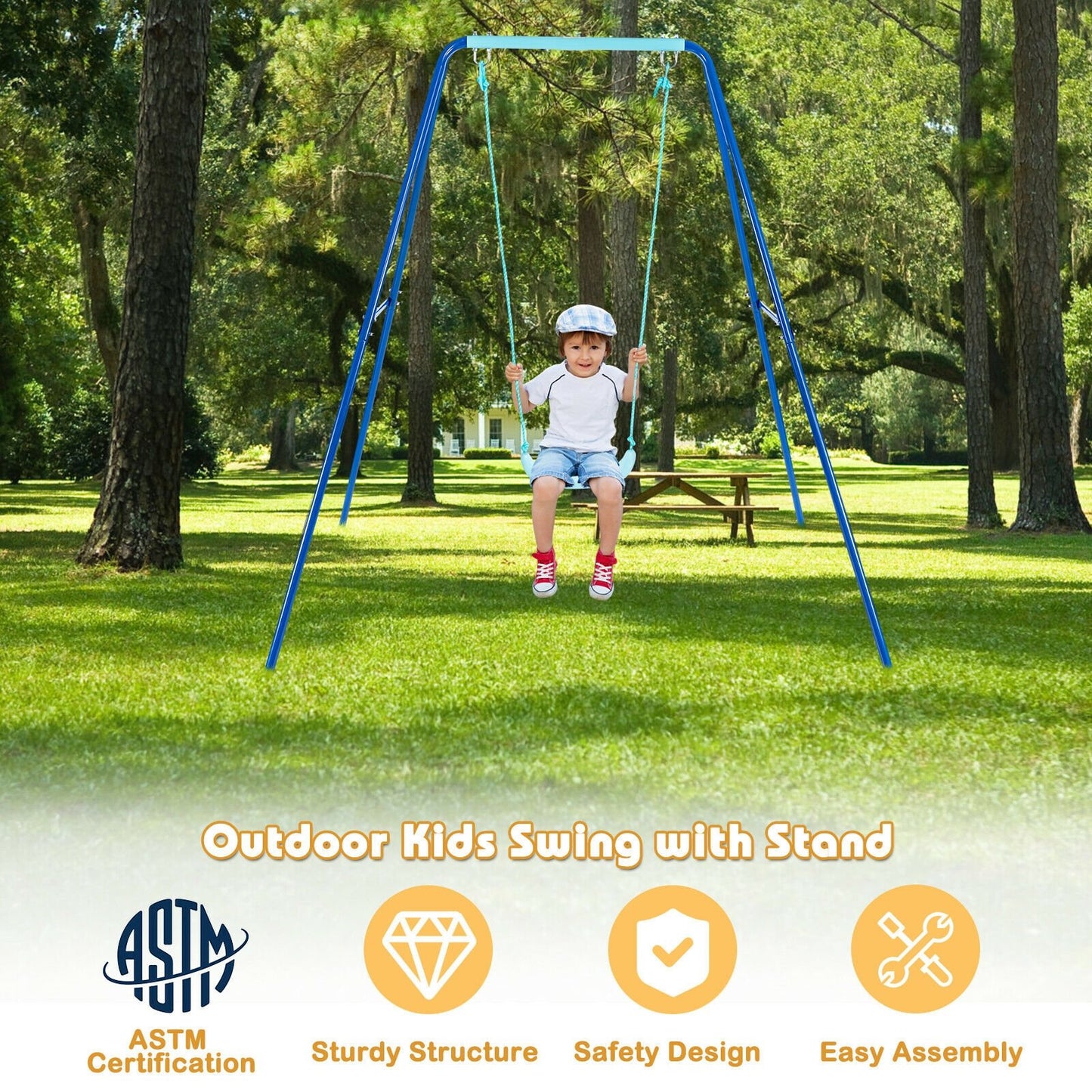 Outdoor Kids Swing Set with Heavy-Duty Metal A-Frame and Ground Stakes, Blue Swing & Playsets   at Gallery Canada