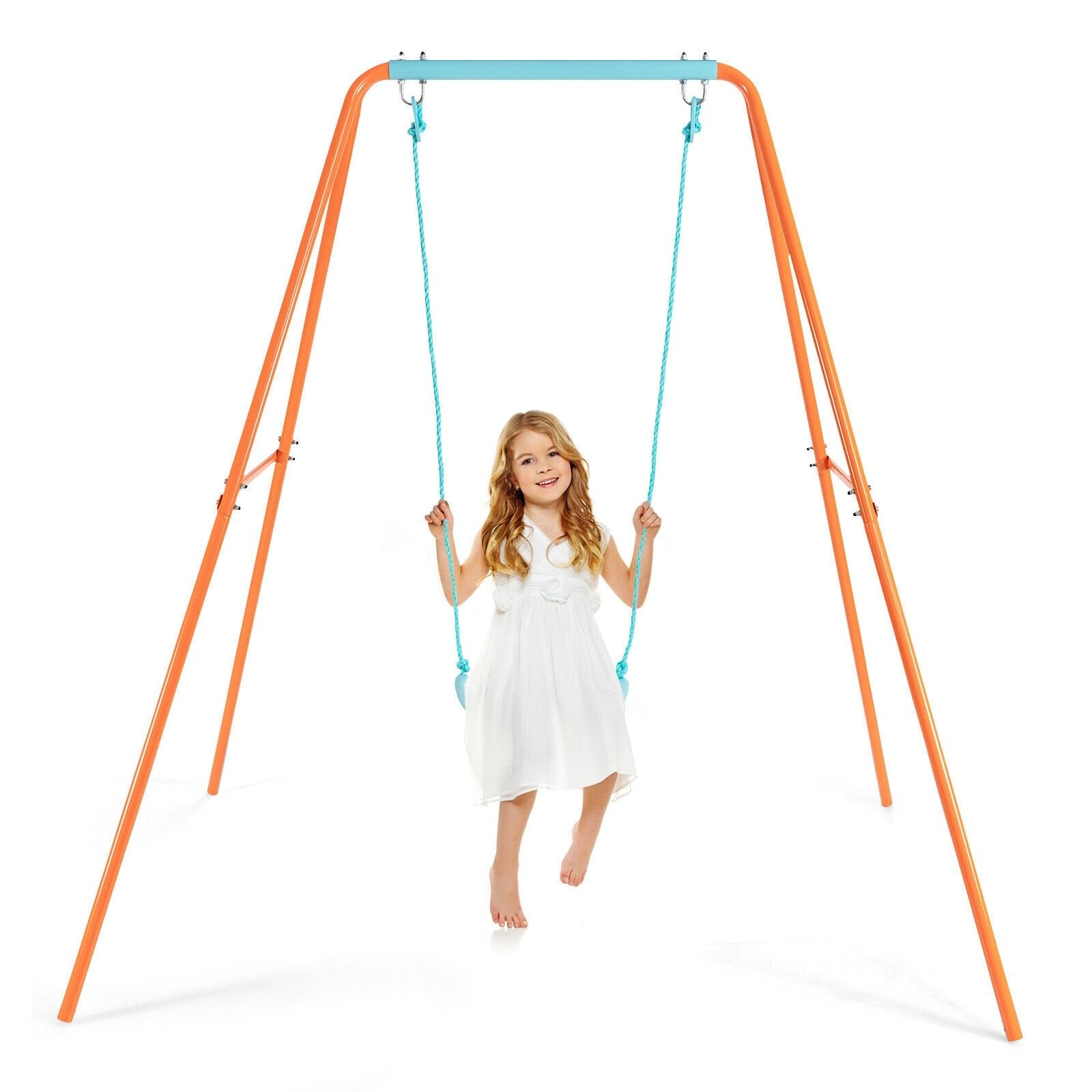 Outdoor Kids Swing Set with Heavy-Duty Metal A-Frame and Ground Stakes, Orange Swing & Playsets   at Gallery Canada