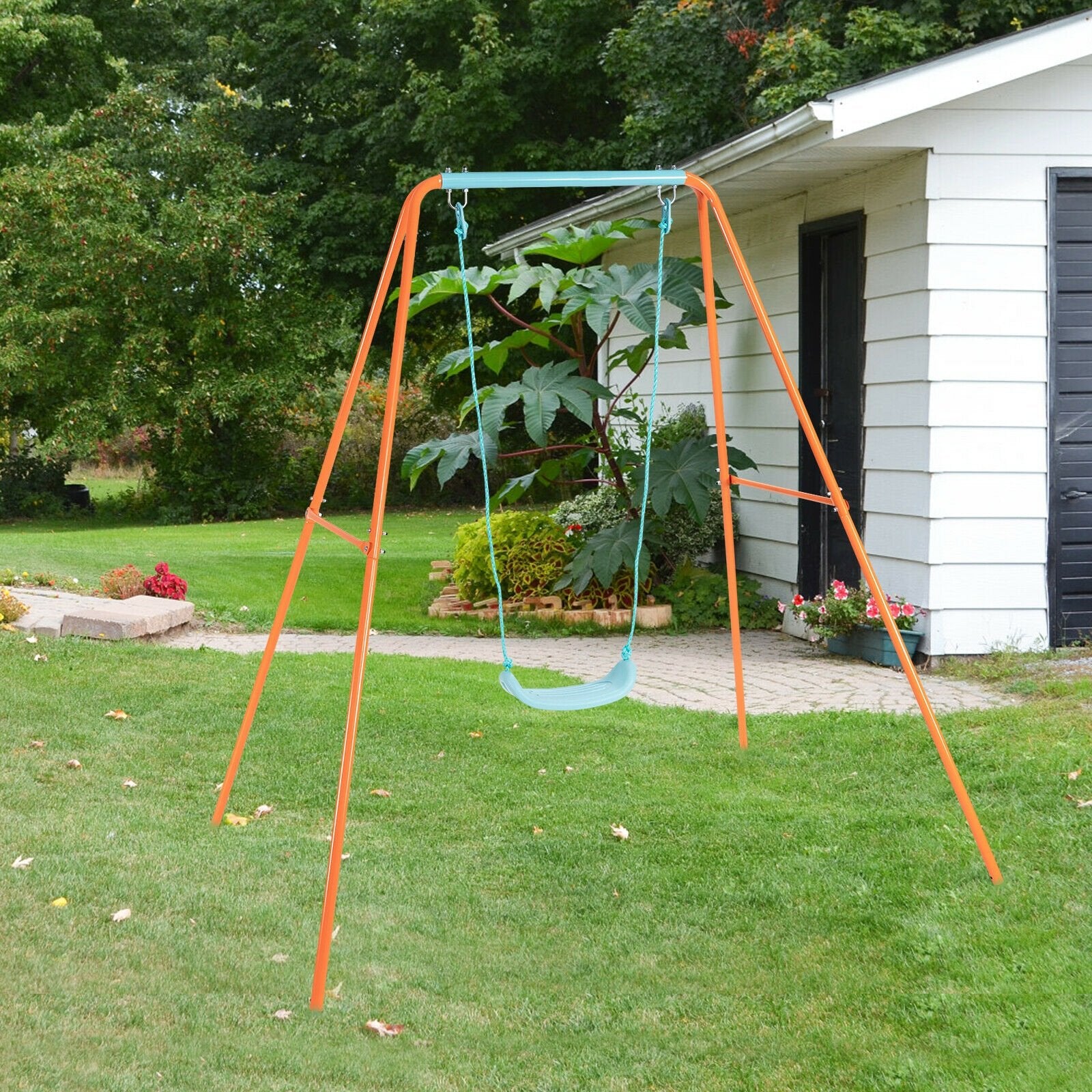 Outdoor Kids Swing Set with Heavy-Duty Metal A-Frame and Ground Stakes, Orange Swing & Playsets   at Gallery Canada