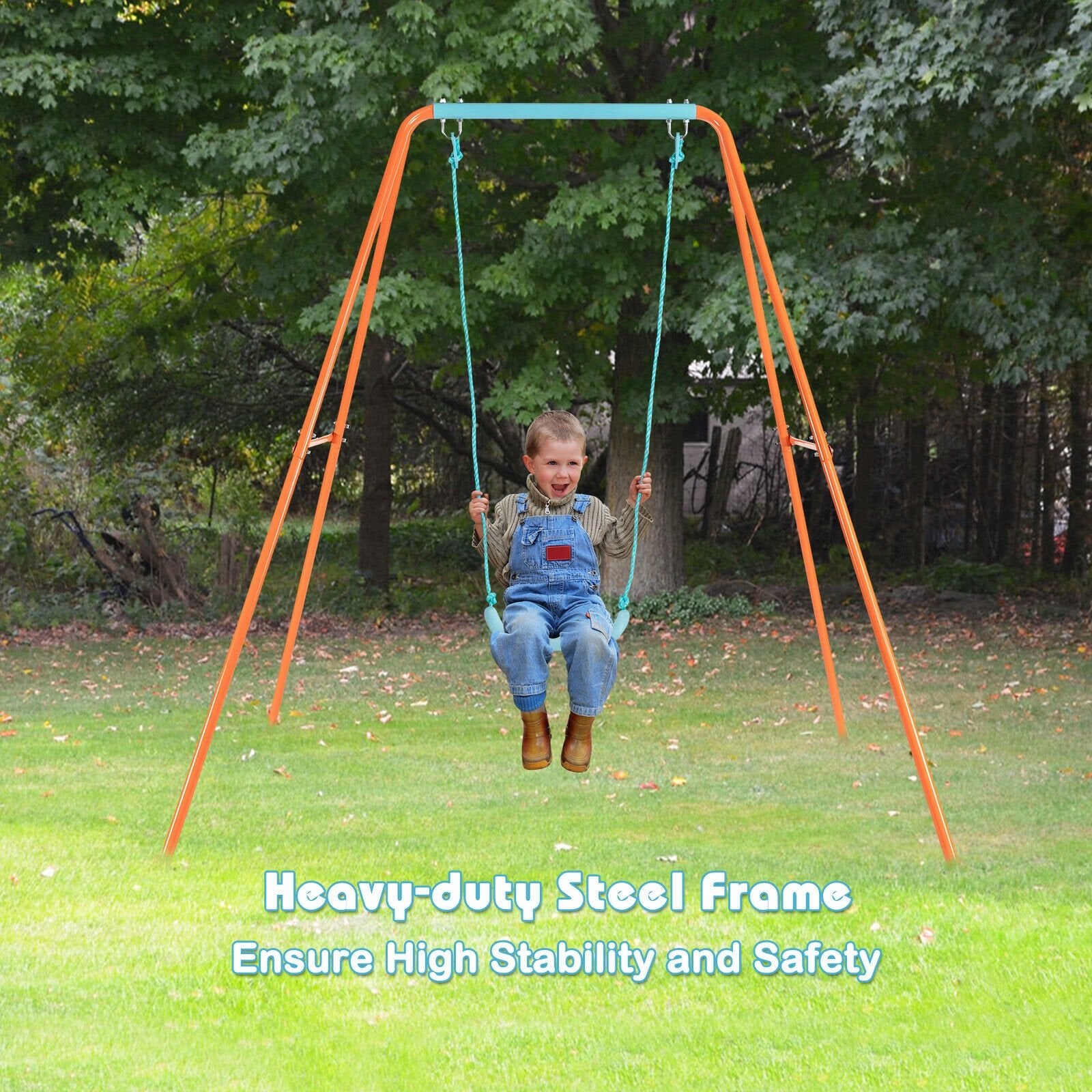 Outdoor Kids Swing Set with Heavy-Duty Metal A-Frame and Ground Stakes, Orange Swing & Playsets   at Gallery Canada