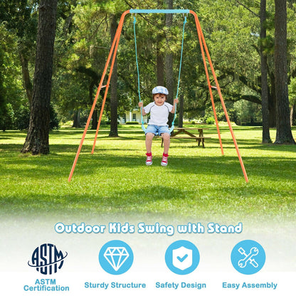 Outdoor Kids Swing Set with Heavy-Duty Metal A-Frame and Ground Stakes, Orange Swing & Playsets   at Gallery Canada