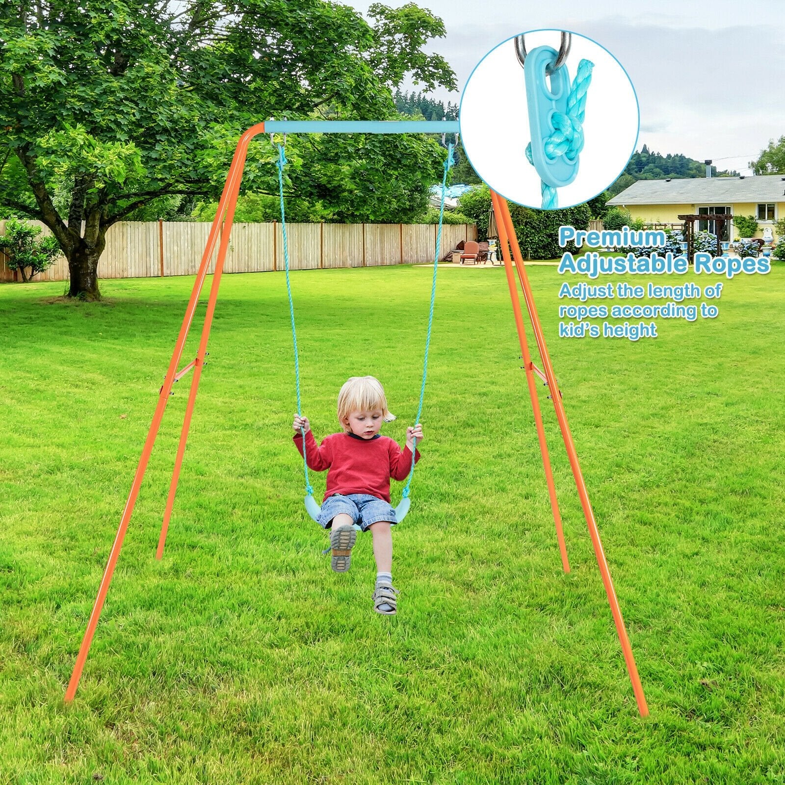 Outdoor Kids Swing Set with Heavy-Duty Metal A-Frame and Ground Stakes, Orange Swing & Playsets   at Gallery Canada