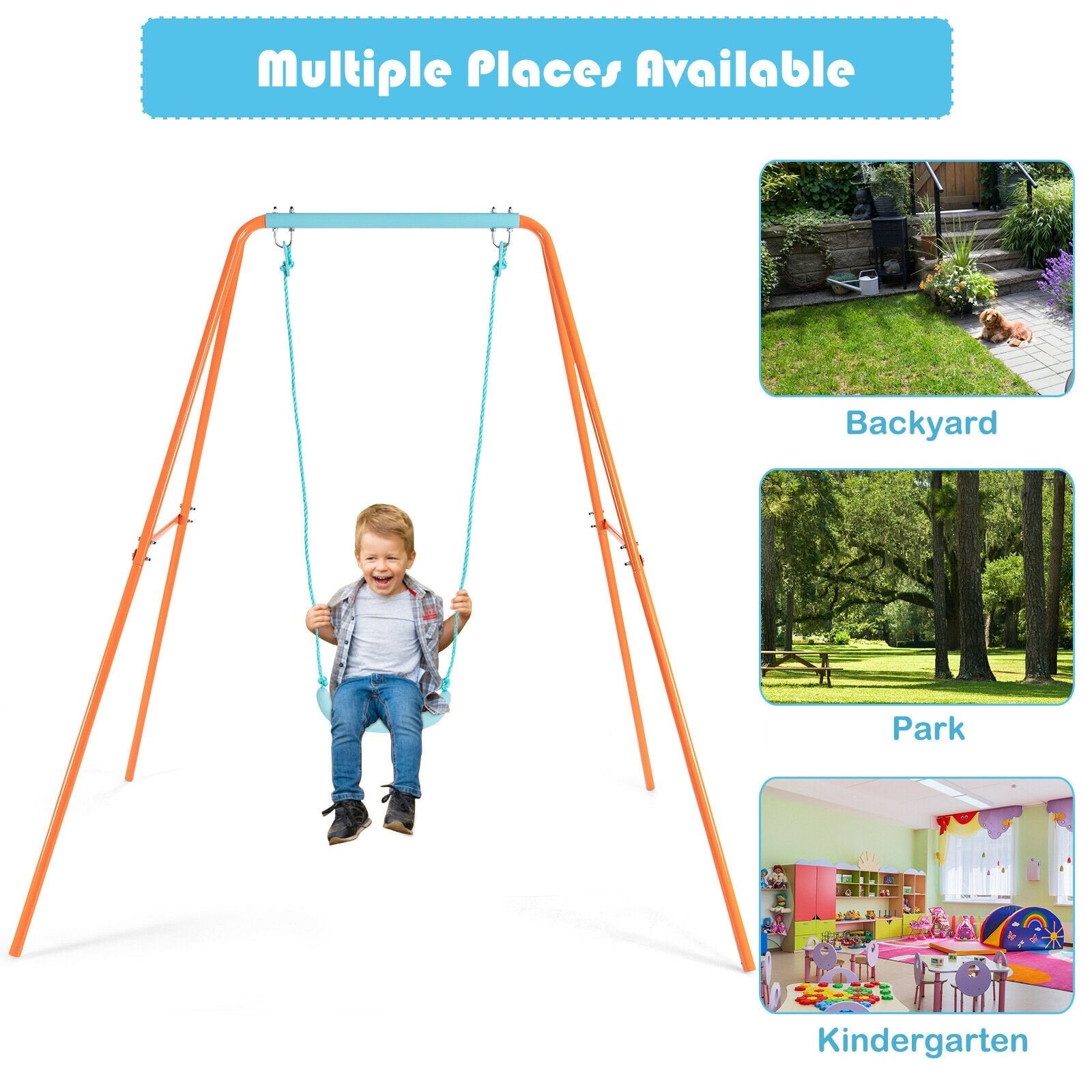 Outdoor Kids Swing Set with Heavy-Duty Metal A-Frame and Ground Stakes, Orange Swing & Playsets   at Gallery Canada