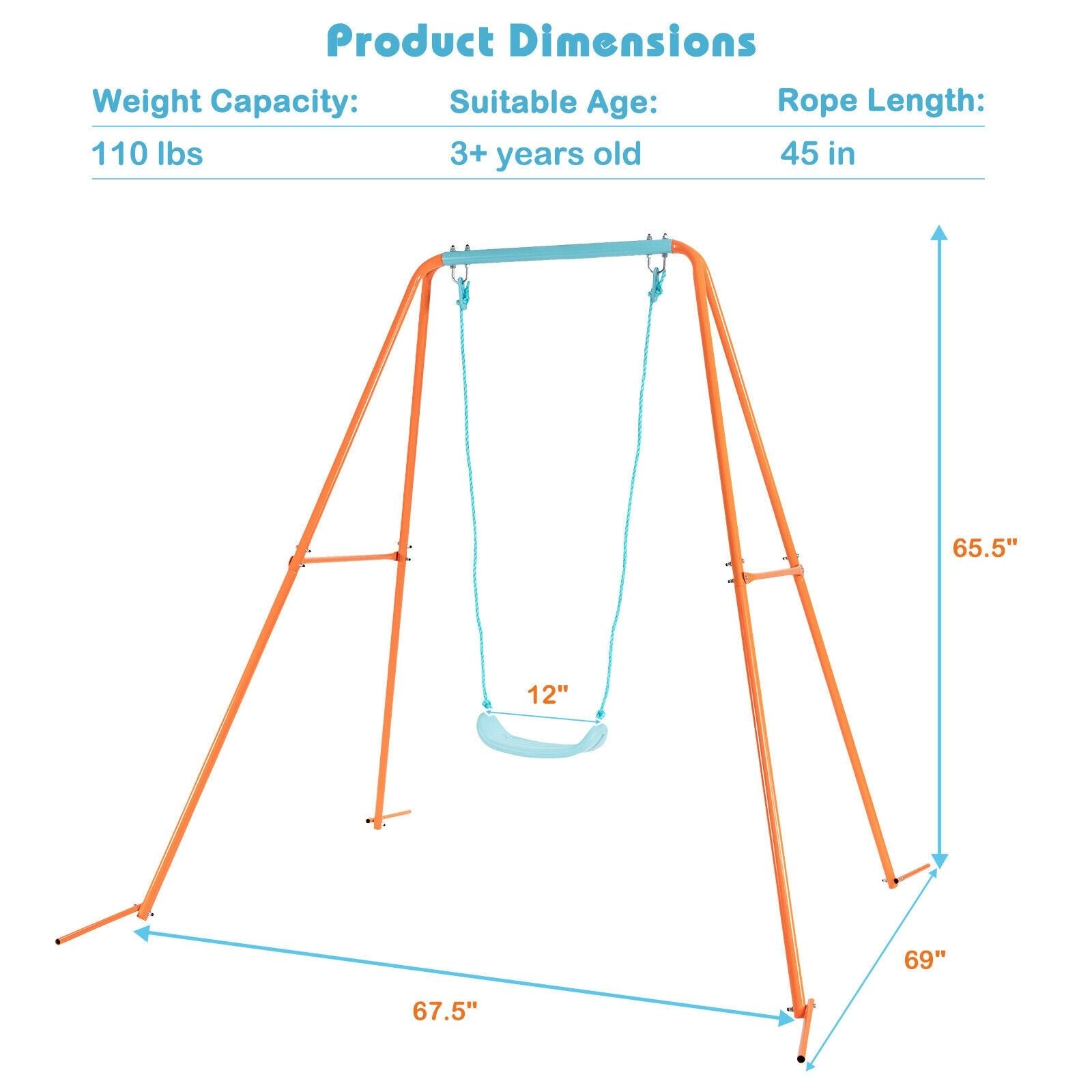 Outdoor Kids Swing Set with Heavy-Duty Metal A-Frame and Ground Stakes, Orange Swing & Playsets   at Gallery Canada