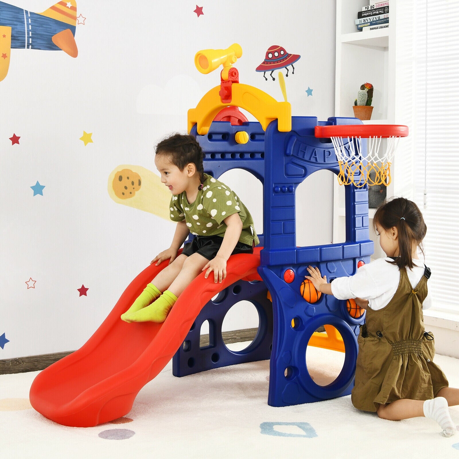 6-in-1 Freestanding Kids Slide with Basketball Hoop and Ring Toss, Multicolor Climbers & Slides at Gallery Canada