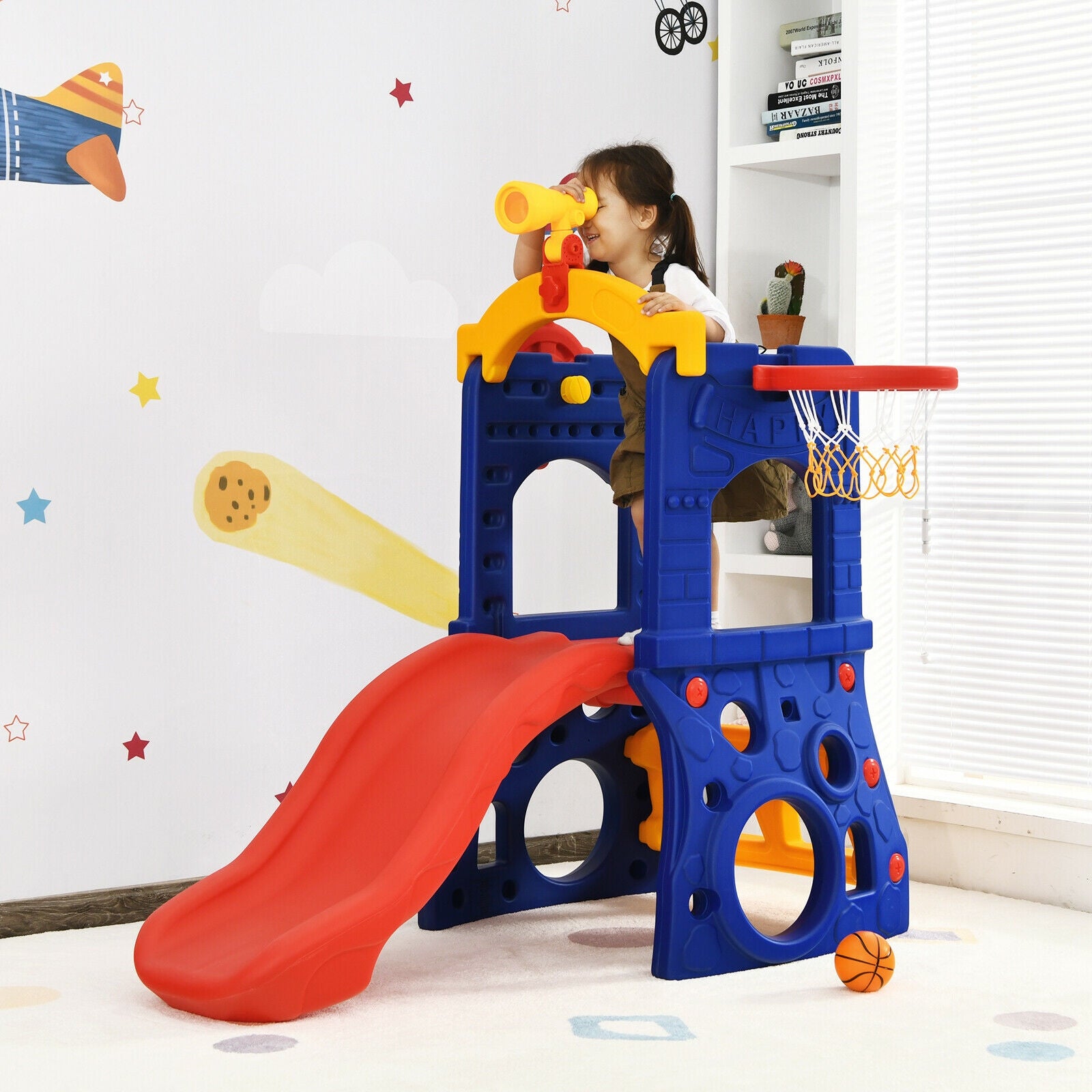 6-in-1 Freestanding Kids Slide with Basketball Hoop and Ring Toss, Multicolor Climbers & Slides at Gallery Canada