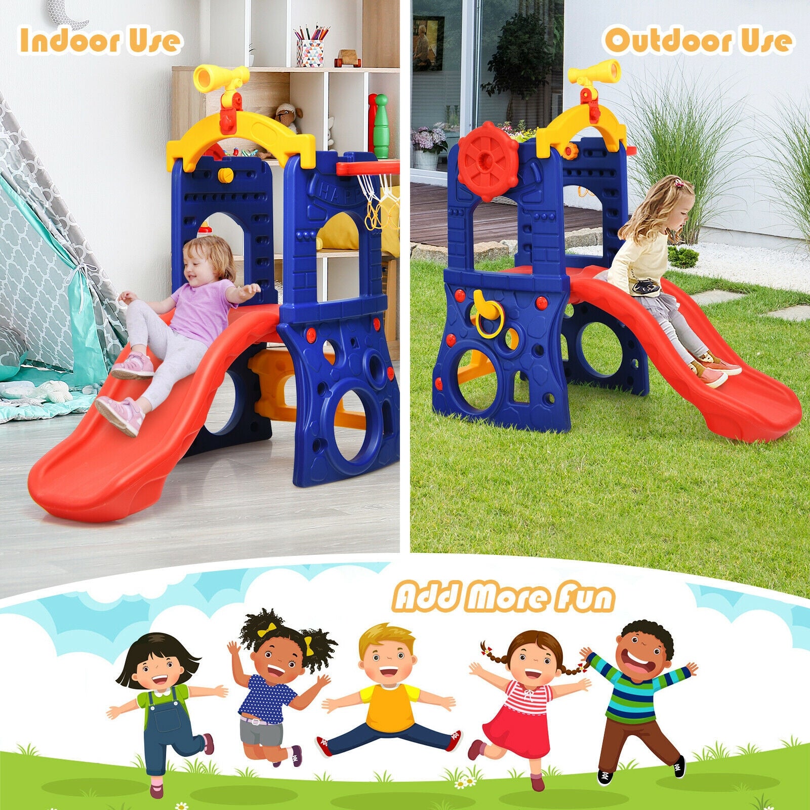 6-in-1 Freestanding Kids Slide with Basketball Hoop and Ring Toss, Multicolor Climbers & Slides at Gallery Canada
