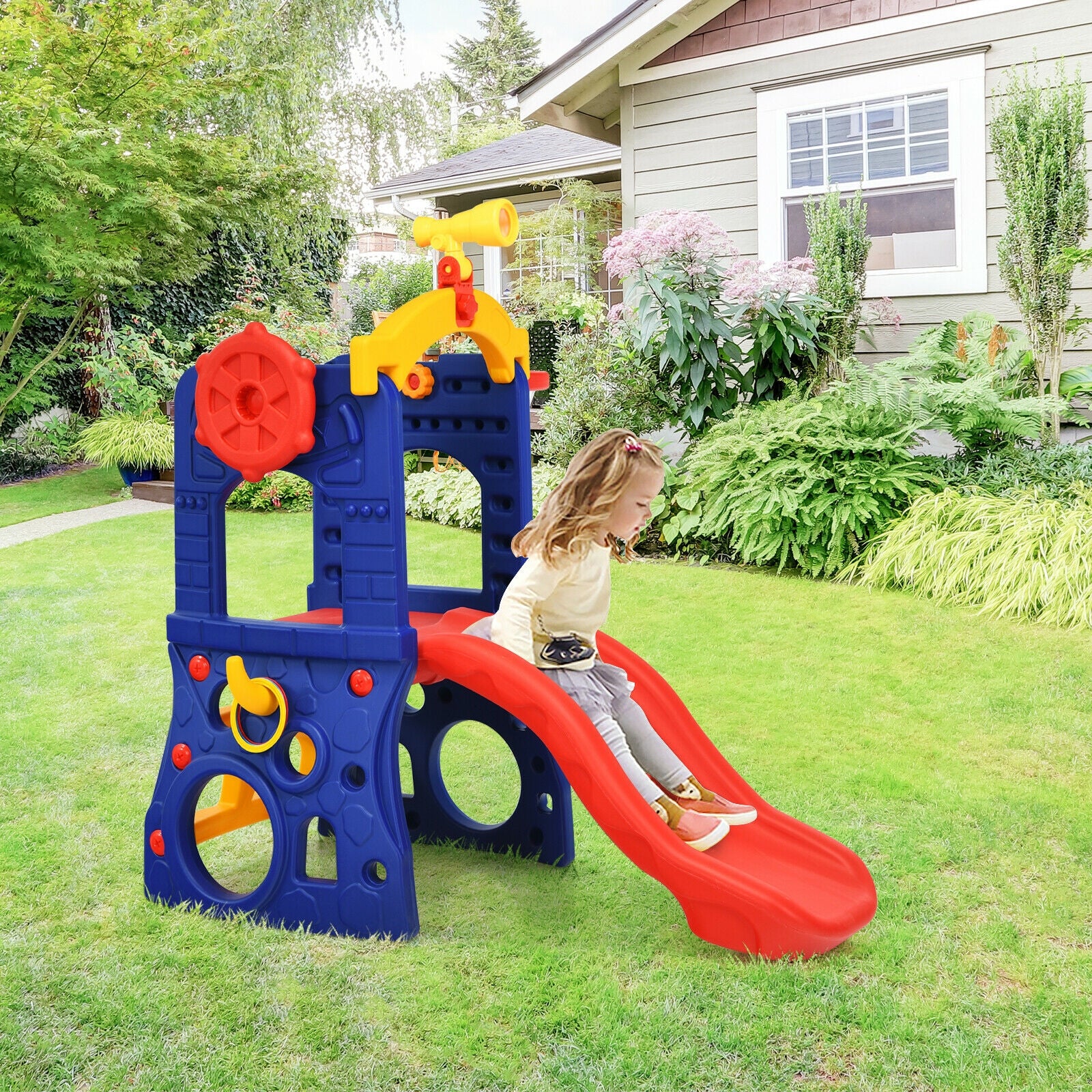 6-in-1 Freestanding Kids Slide with Basketball Hoop and Ring Toss, Multicolor Climbers & Slides at Gallery Canada