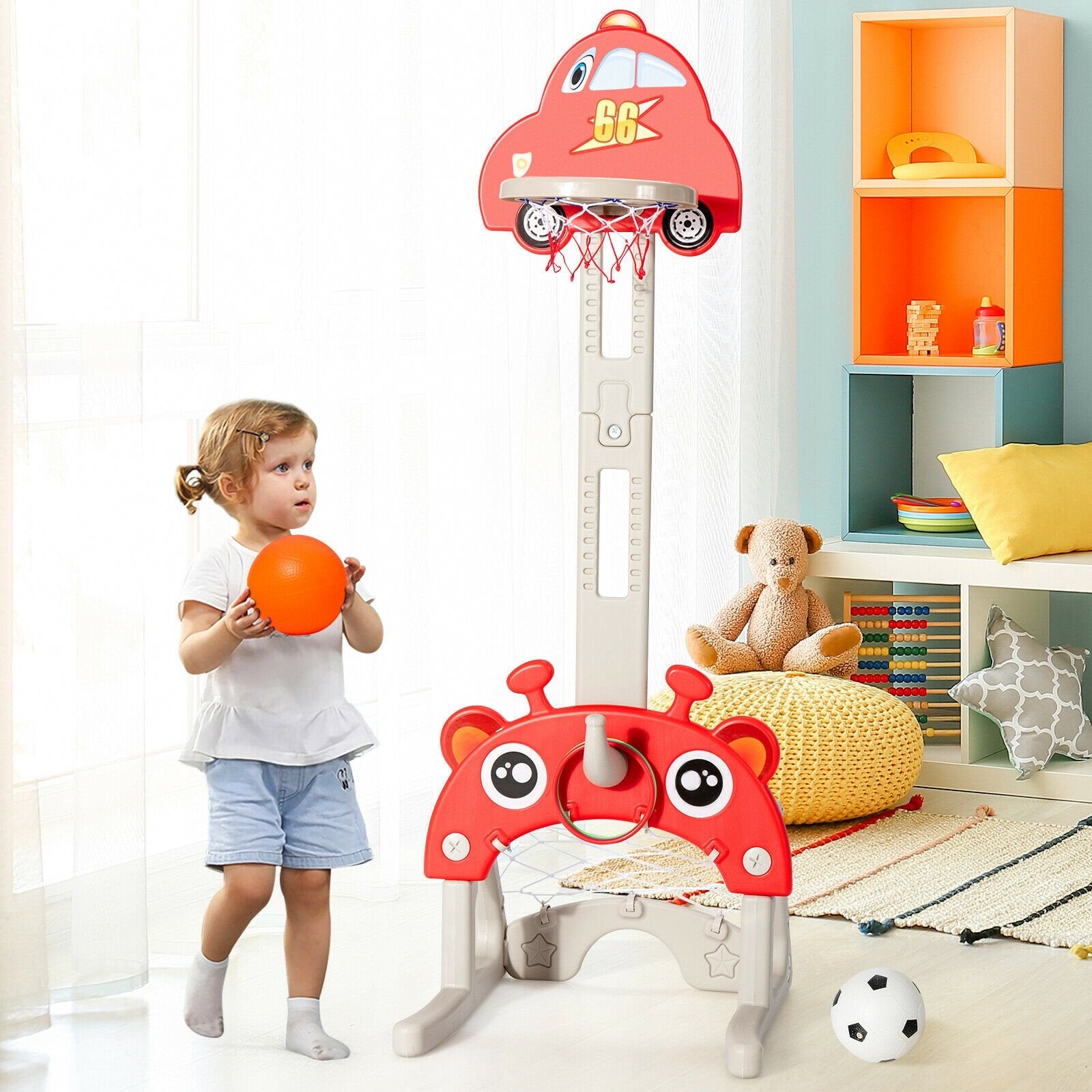 3-in-1 Basketball Hoop for Kids Adjustable Height Playset with Balls, Red Toy Sports   at Gallery Canada