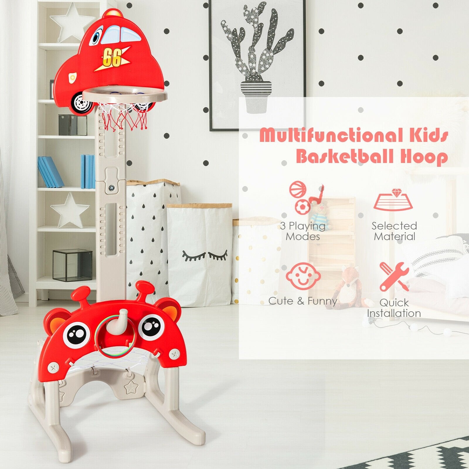 3-in-1 Basketball Hoop for Kids Adjustable Height Playset with Balls, Red Toy Sports   at Gallery Canada