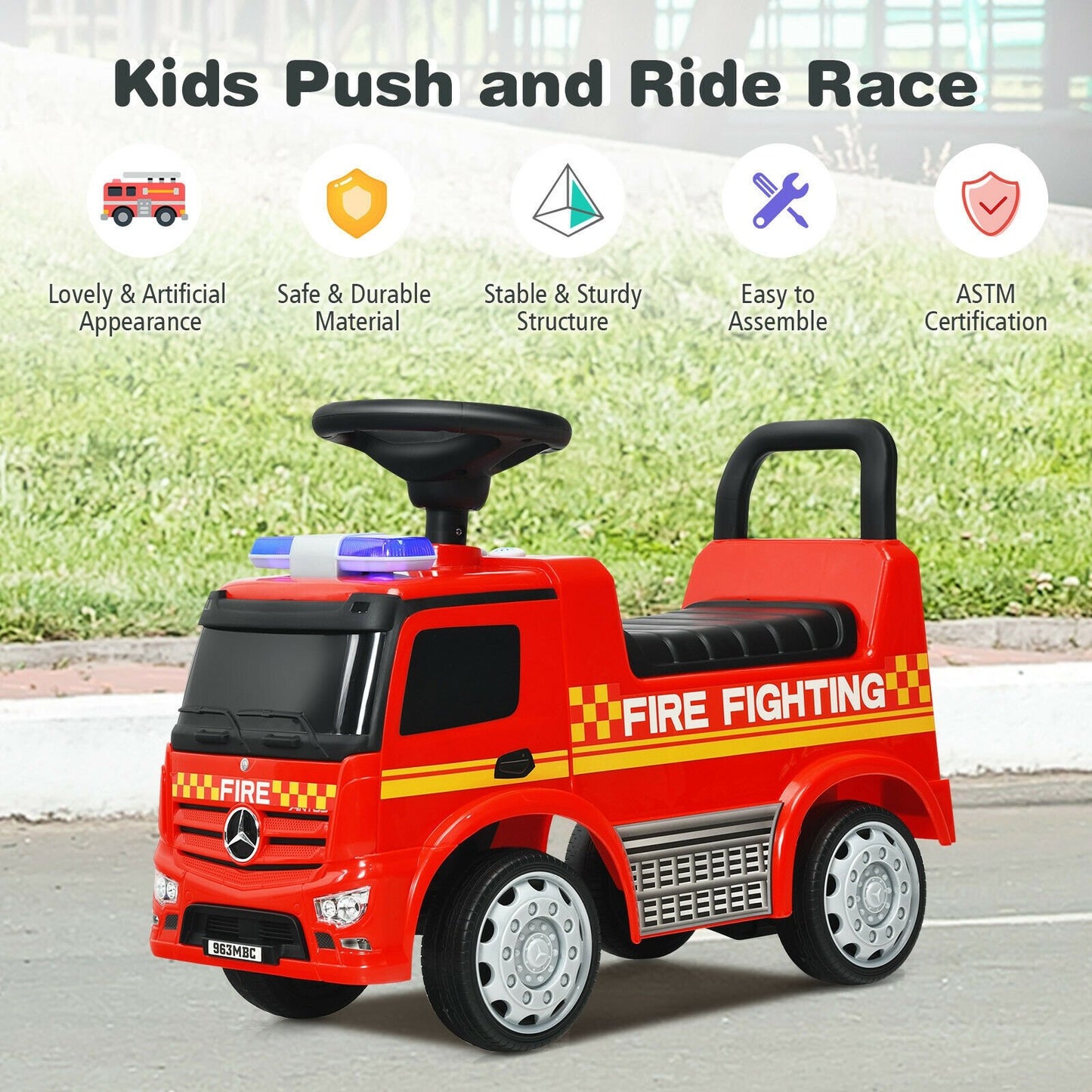 Licensed Mercedes Benz Kids Fire Engine Racer, Red Push & Pedal Ride On Toys   at Gallery Canada