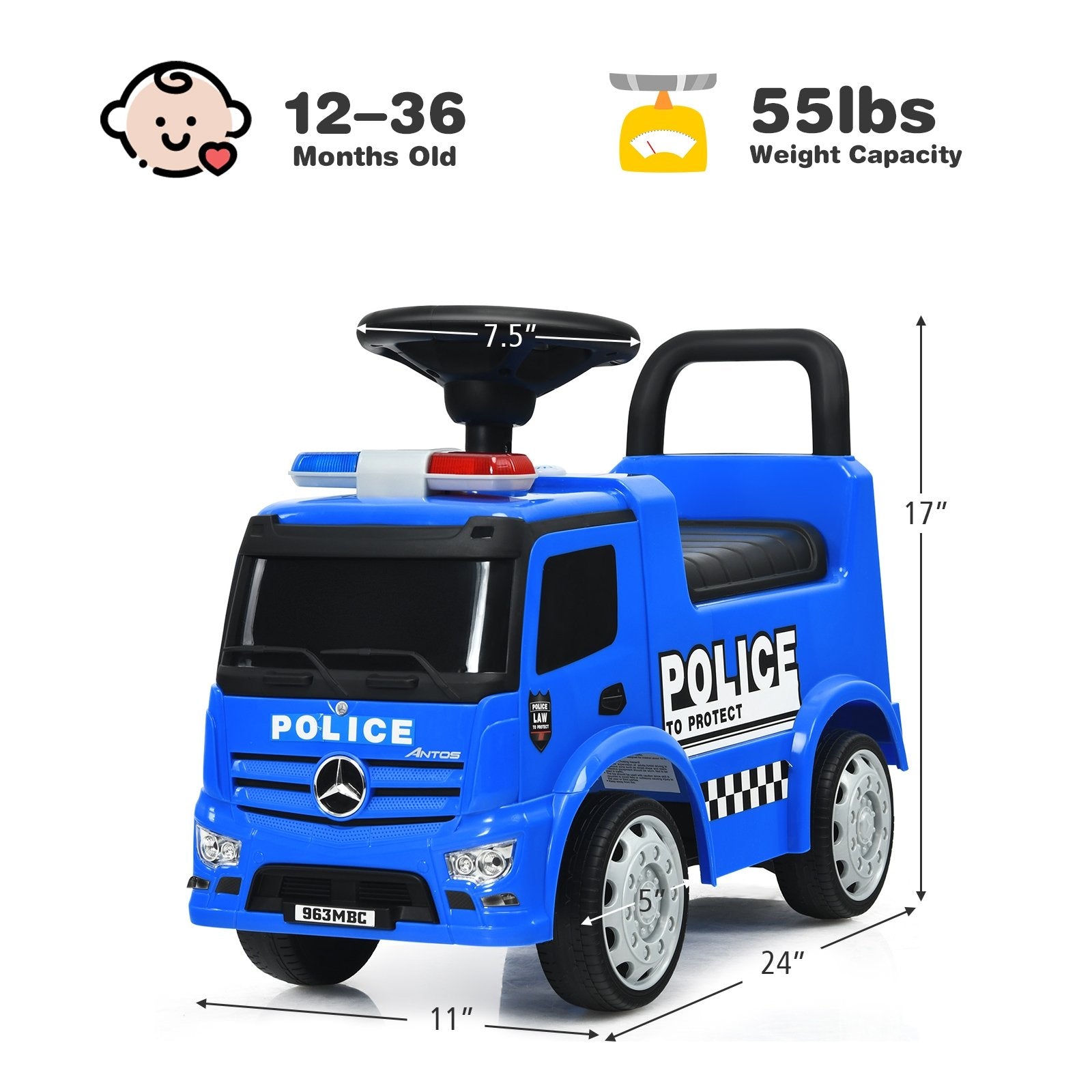 Mercedes Benz Kids Ride On Push Licensed Police Car, Blue Push & Pedal Ride On Toys   at Gallery Canada