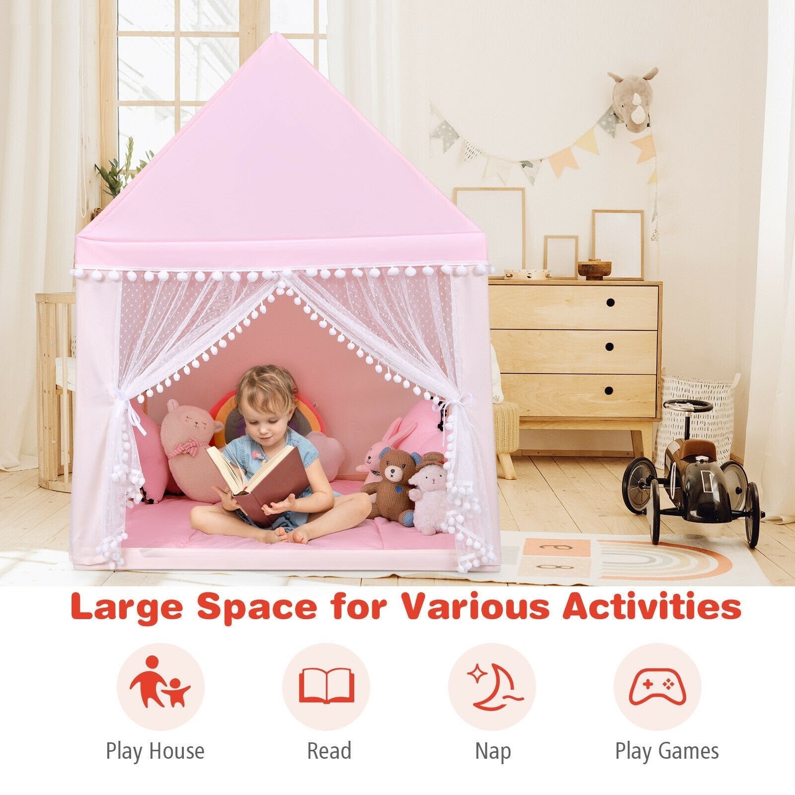 Kids Play Tent Large Playhouse Children Play Castle Fairy Tent Gift with Mat, Pink Play Tents & Playhouse   at Gallery Canada