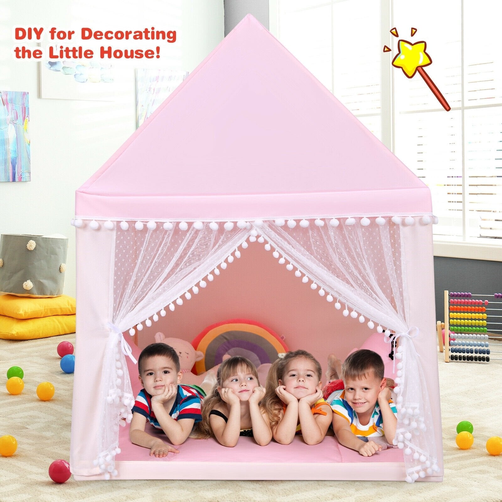 Kids Play Tent Large Playhouse Children Play Castle Fairy Tent Gift with Mat, Pink Play Tents & Playhouse   at Gallery Canada