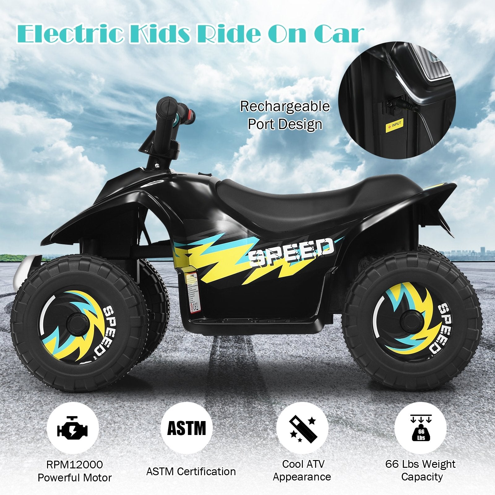 6V Kids Electric ATV 4 Wheels Ride-On Toy, Black Powered Ride On Toys   at Gallery Canada