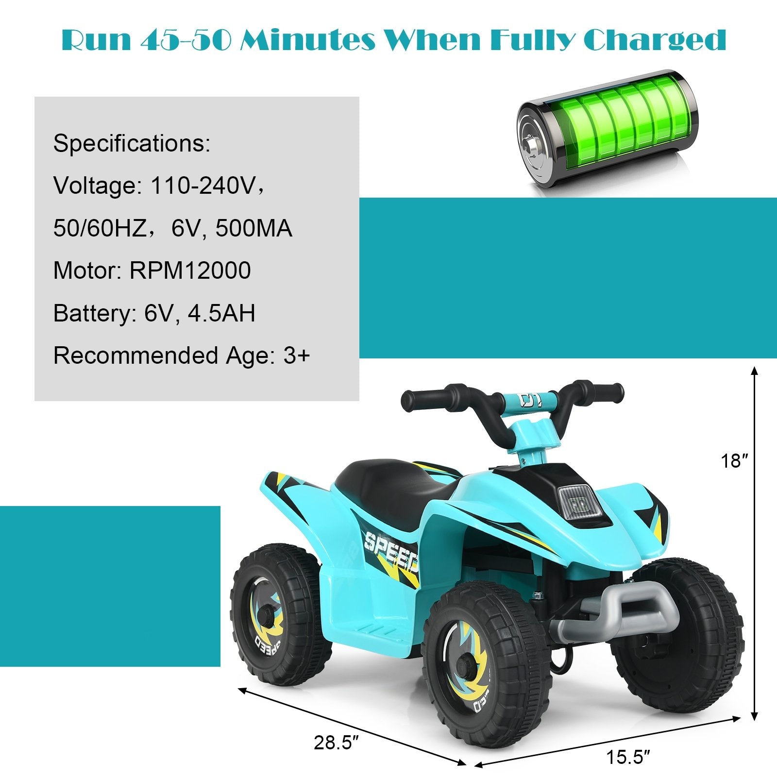 6V Kids Electric ATV 4 Wheels Ride-On Toy , Blue Powered Ride On Toys   at Gallery Canada