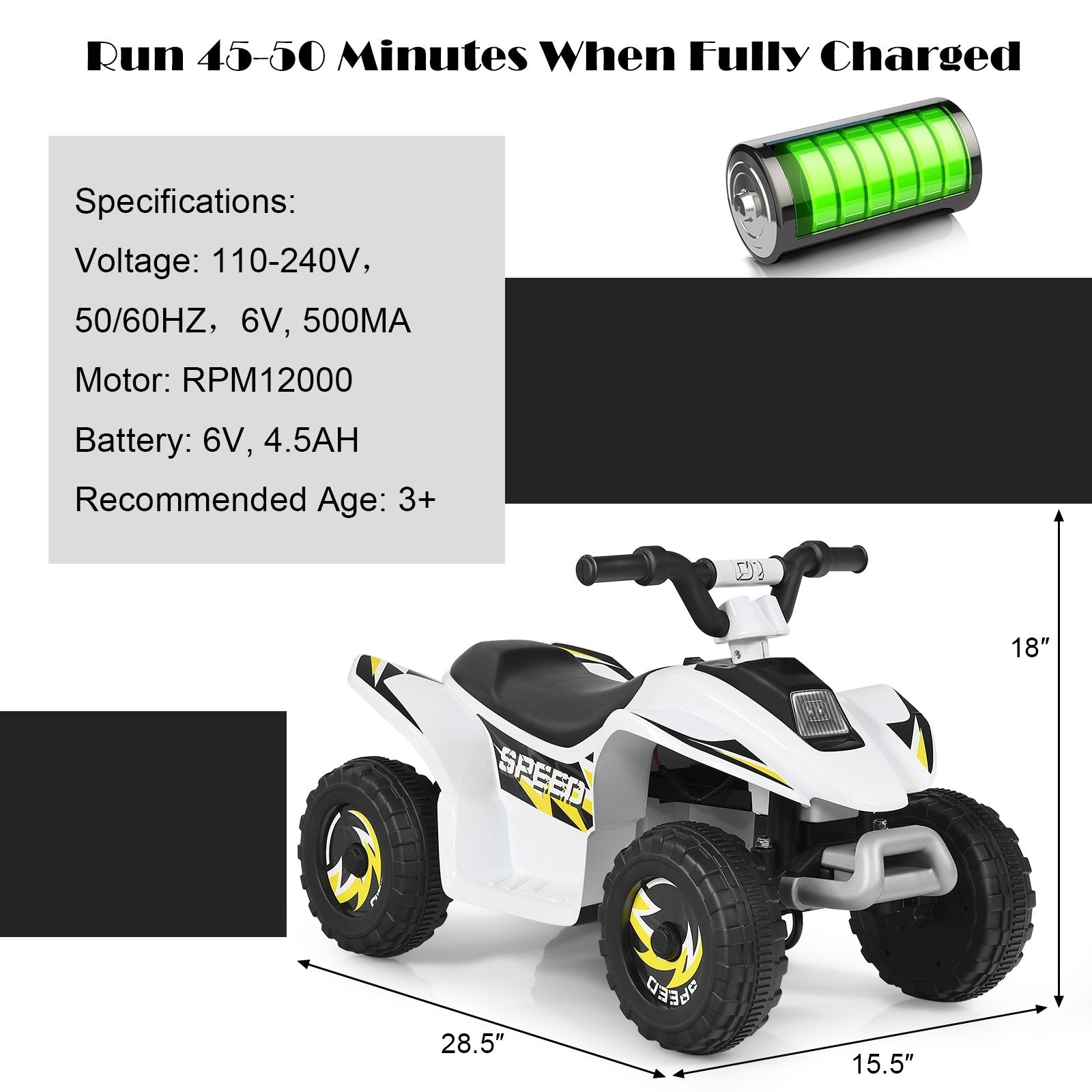 6V Kids Electric ATV 4 Wheels Ride-On Toy , White Powered Ride On Toys   at Gallery Canada