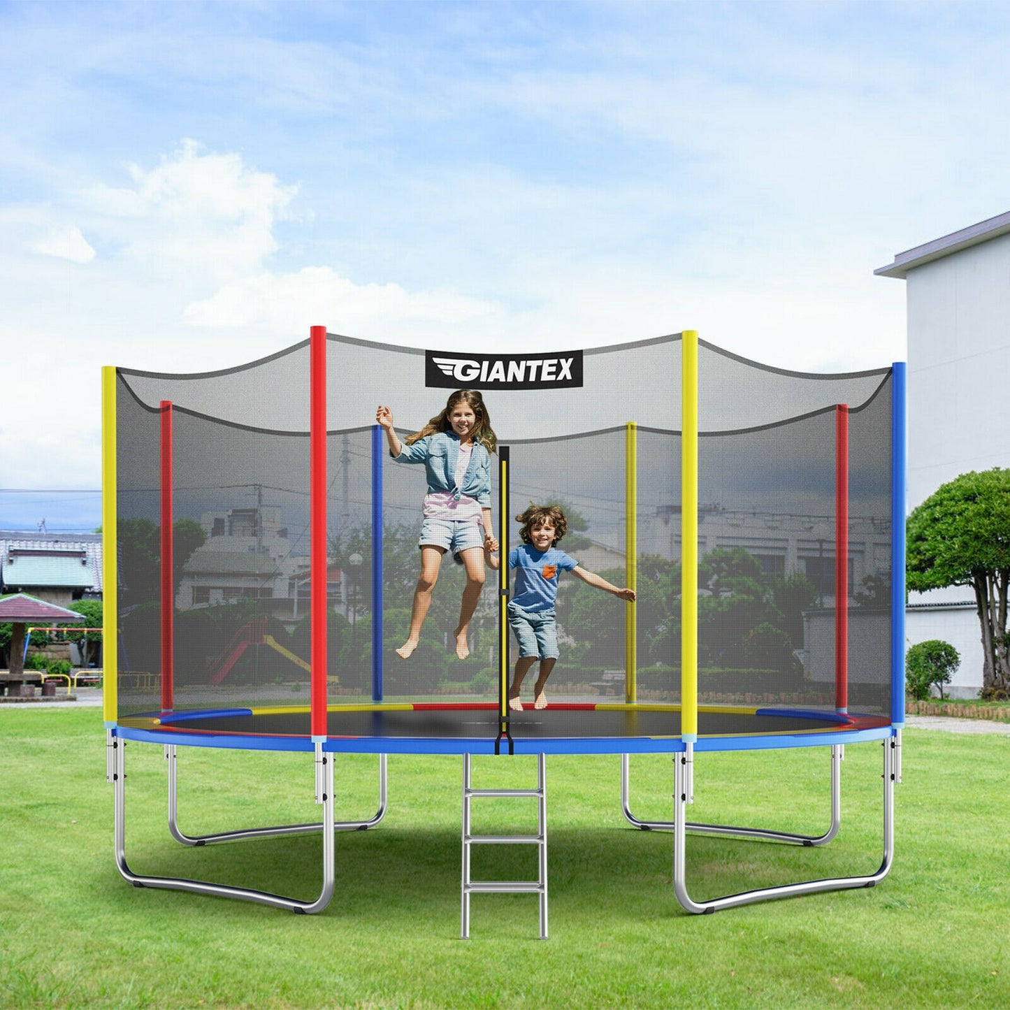 14 Feet Trampoline with Safety Enclosure Net and Ladder Outdoor for Kids Adults, Multicolor Trampolines at Gallery Canada