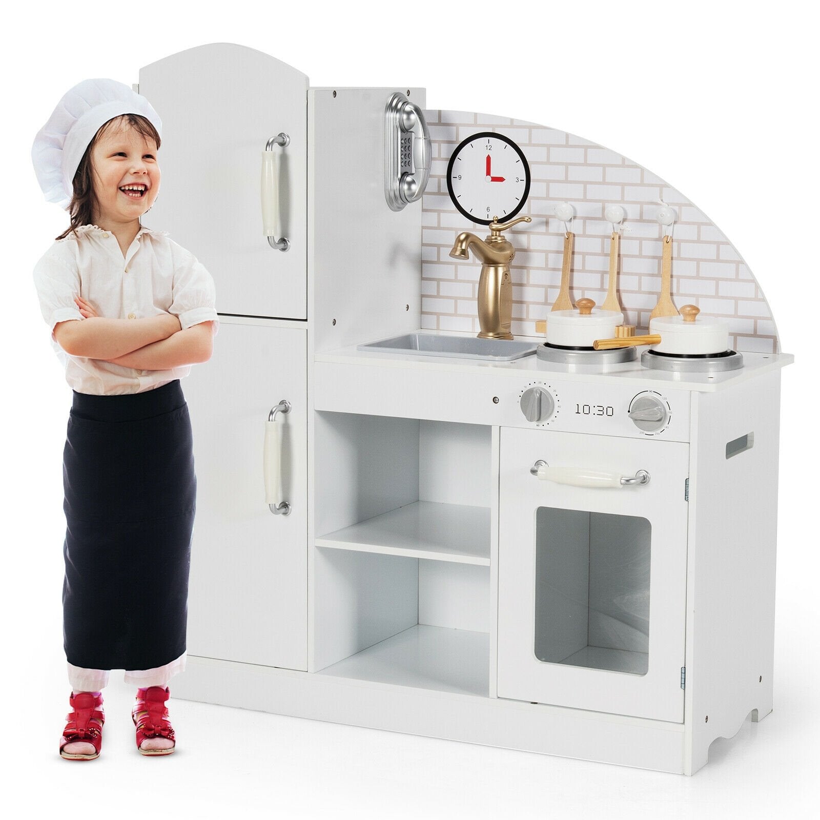 Kids Kitchen Playset Pretend Play Cooking Set with Vivid Faucet and Telephone, White Play Kitchen Sets   at Gallery Canada