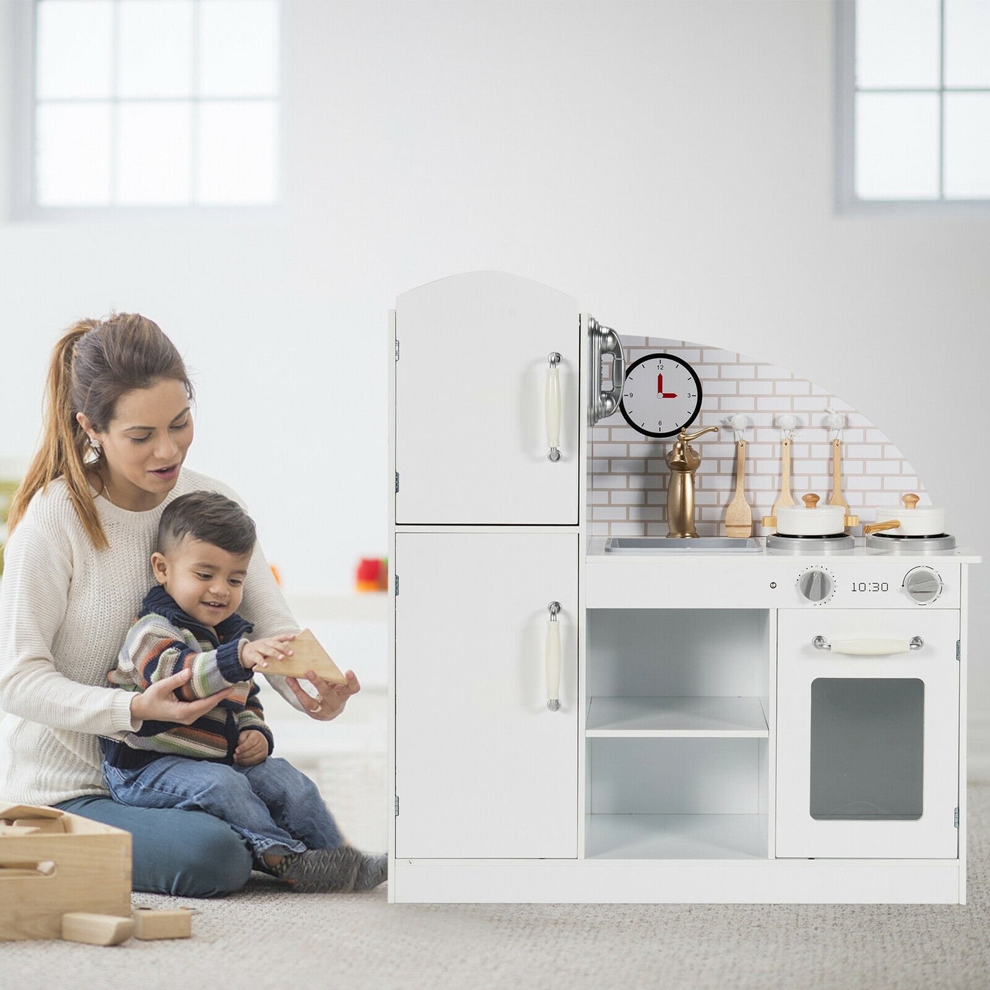 Kids Kitchen Playset Pretend Play Cooking Set with Vivid Faucet and Telephone, White Play Kitchen Sets   at Gallery Canada