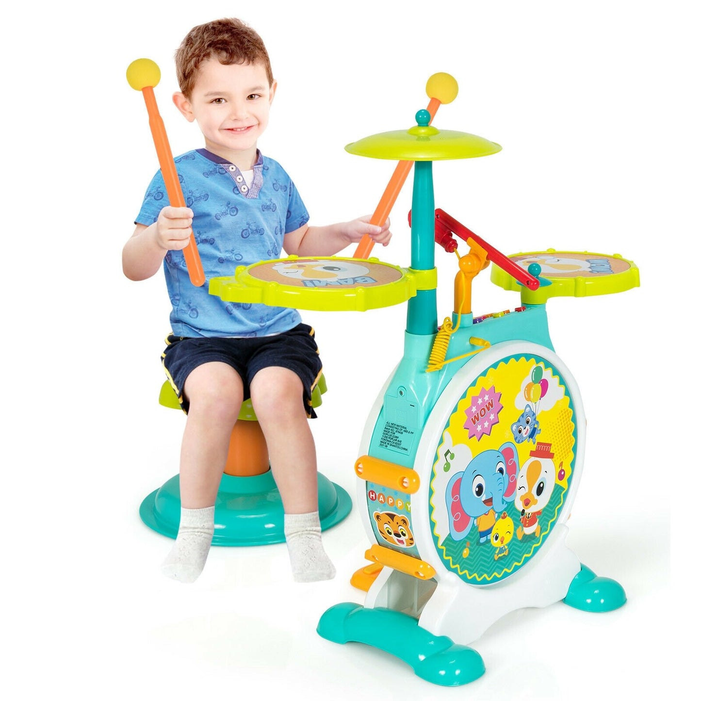 3 Pieces Electric Kids Drum Set with Microphone Stool Pedal, Green Musical Toys   at Gallery Canada