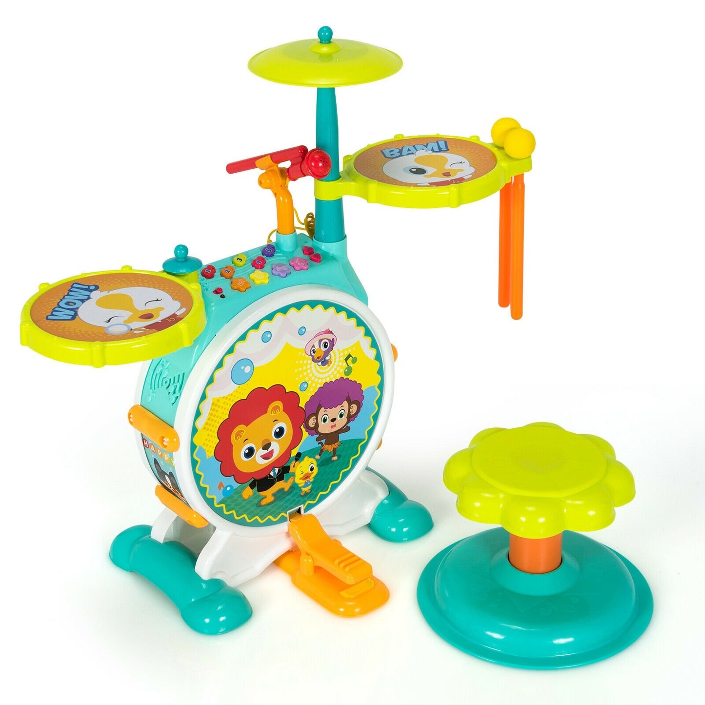 3 Pieces Electric Kids Drum Set with Microphone Stool Pedal, Green Musical Toys   at Gallery Canada