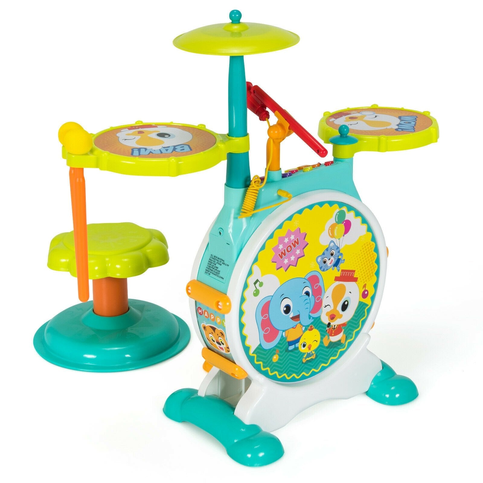 3 Pieces Electric Kids Drum Set with Microphone Stool Pedal, Green Musical Toys   at Gallery Canada