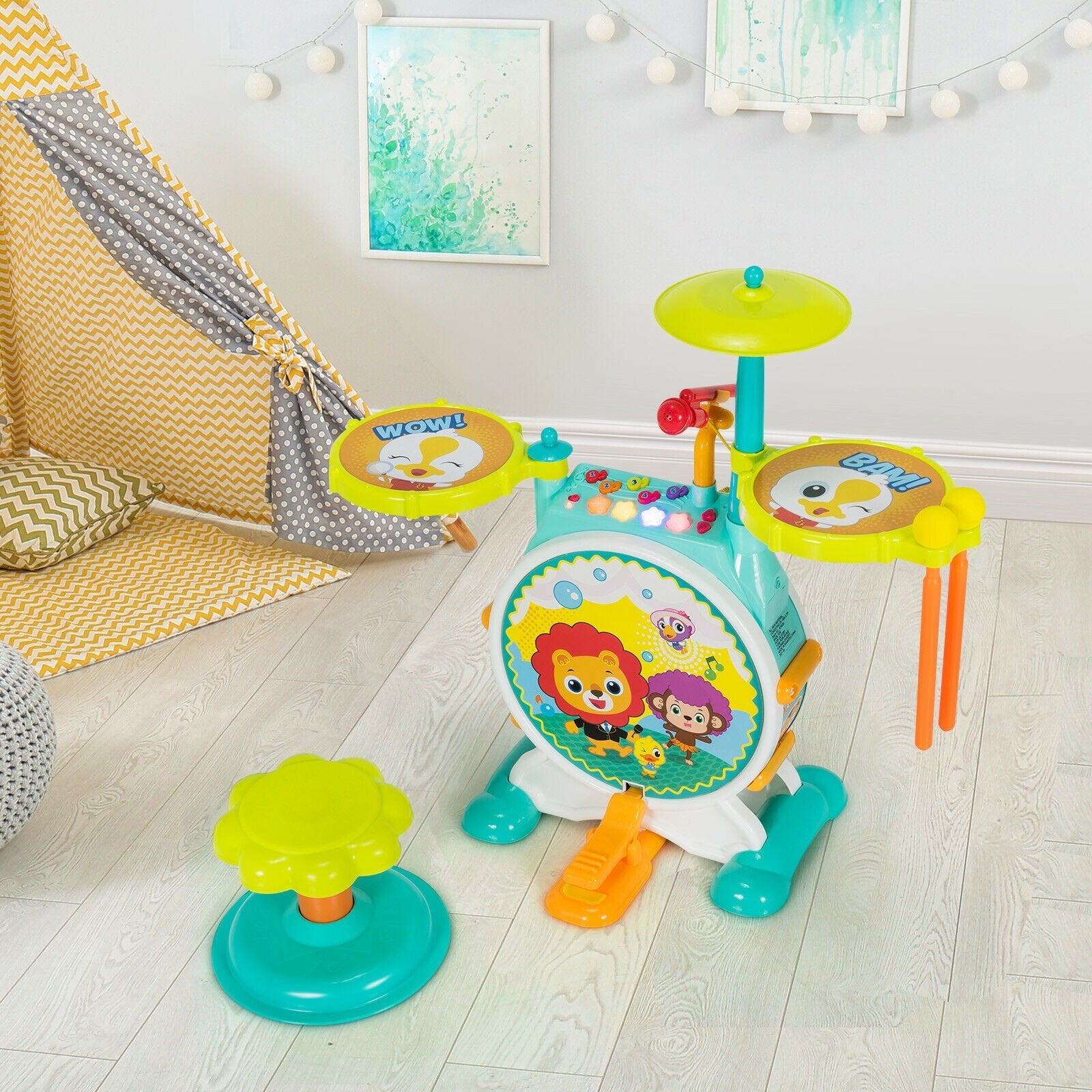 3 Pieces Electric Kids Drum Set with Microphone Stool Pedal, Green Musical Toys   at Gallery Canada