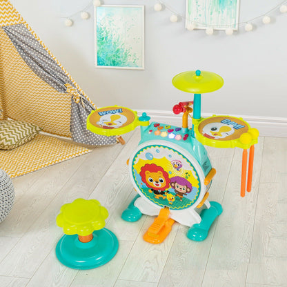 3 Pieces Electric Kids Drum Set with Microphone Stool Pedal, Green Musical Toys   at Gallery Canada