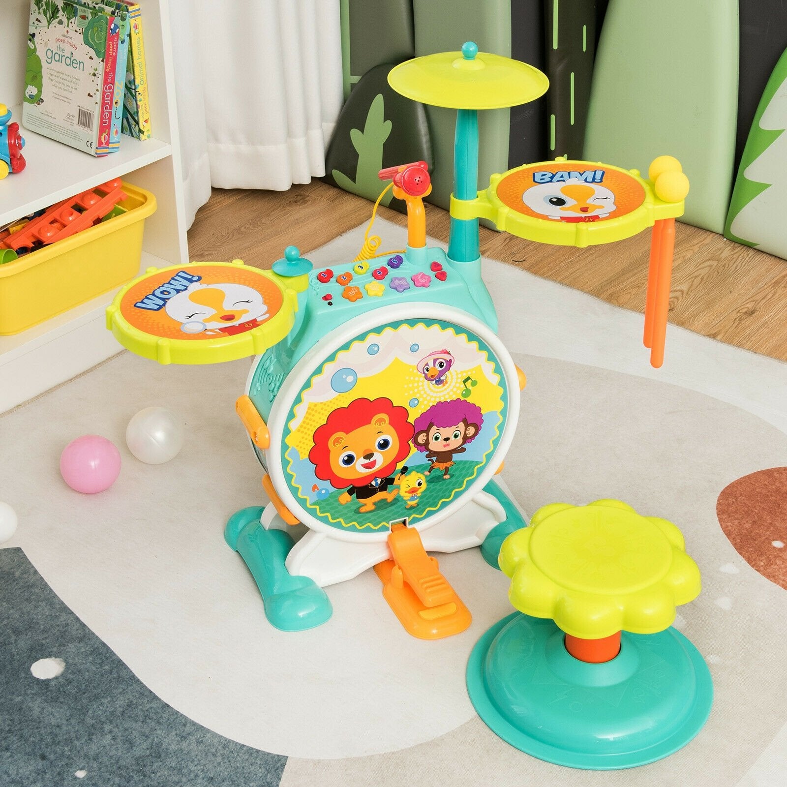 3 Pieces Electric Kids Drum Set with Microphone Stool Pedal, Green Musical Toys   at Gallery Canada