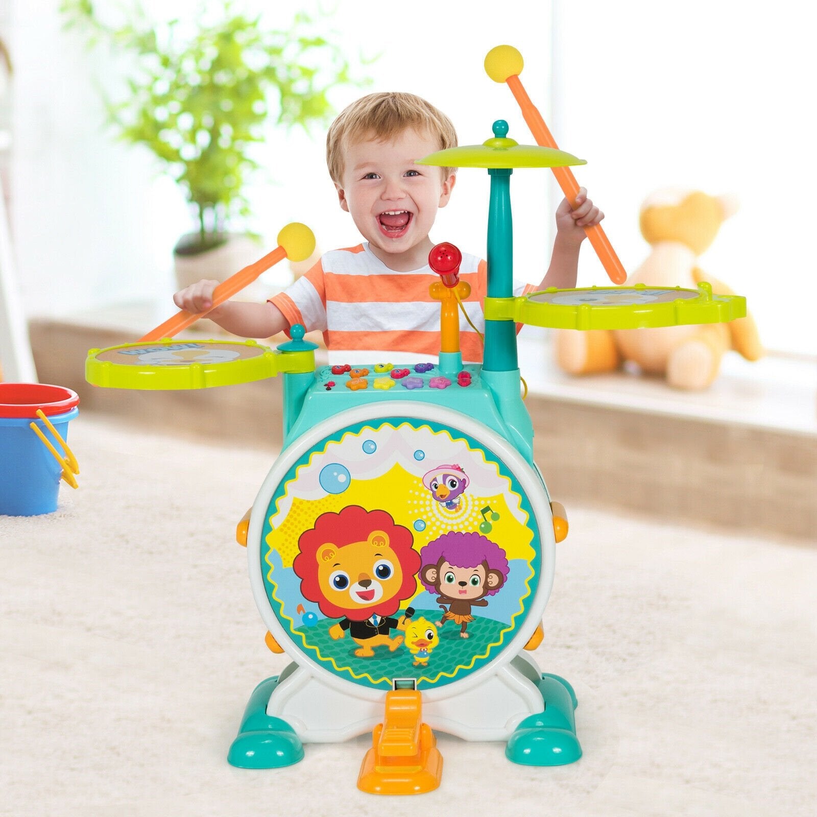 3 Pieces Electric Kids Drum Set with Microphone Stool Pedal, Green Musical Toys   at Gallery Canada