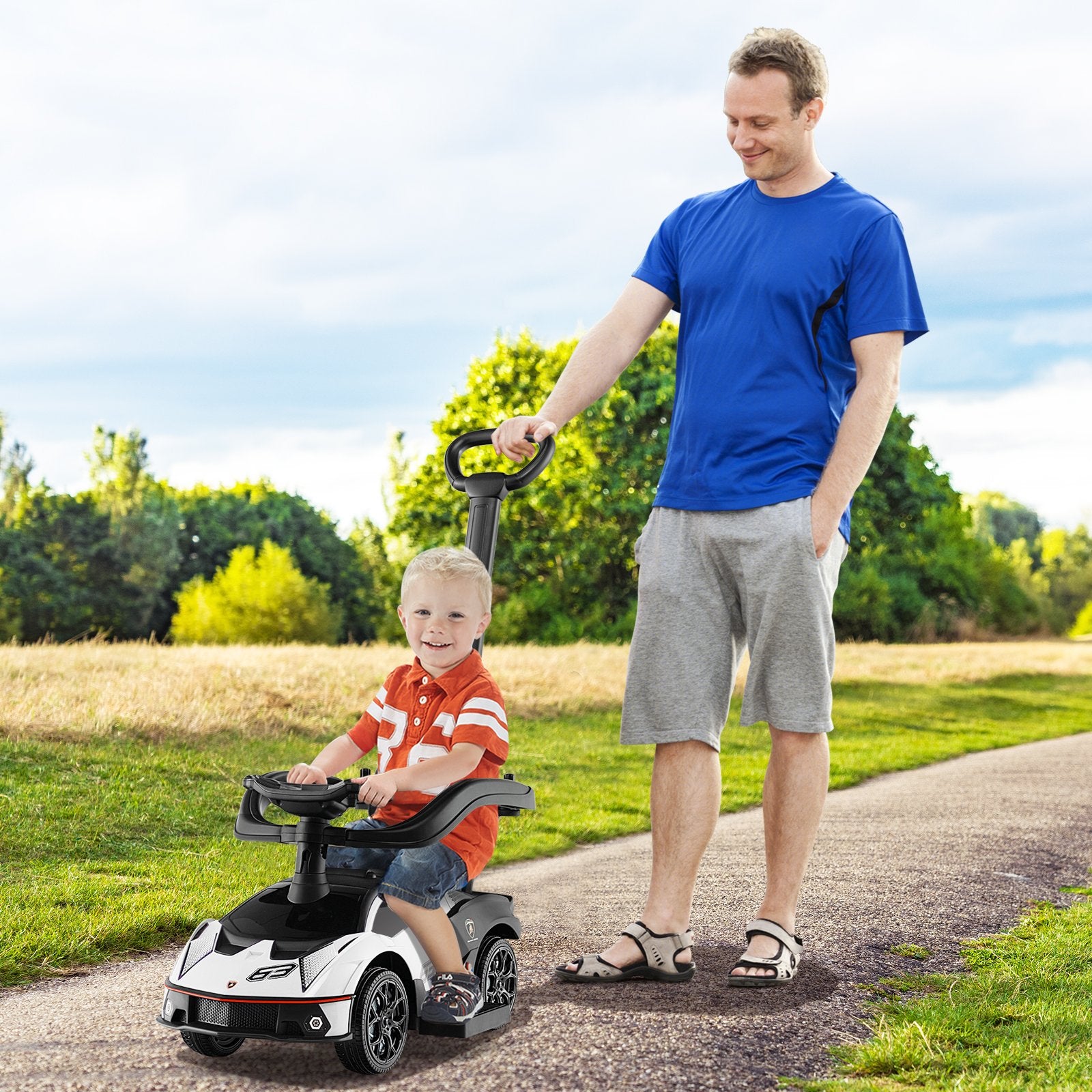 3-in-1 Licensed Lamborghini Ride on Push Car with Handle Guardrail, White Push & Pedal Ride On Toys   at Gallery Canada