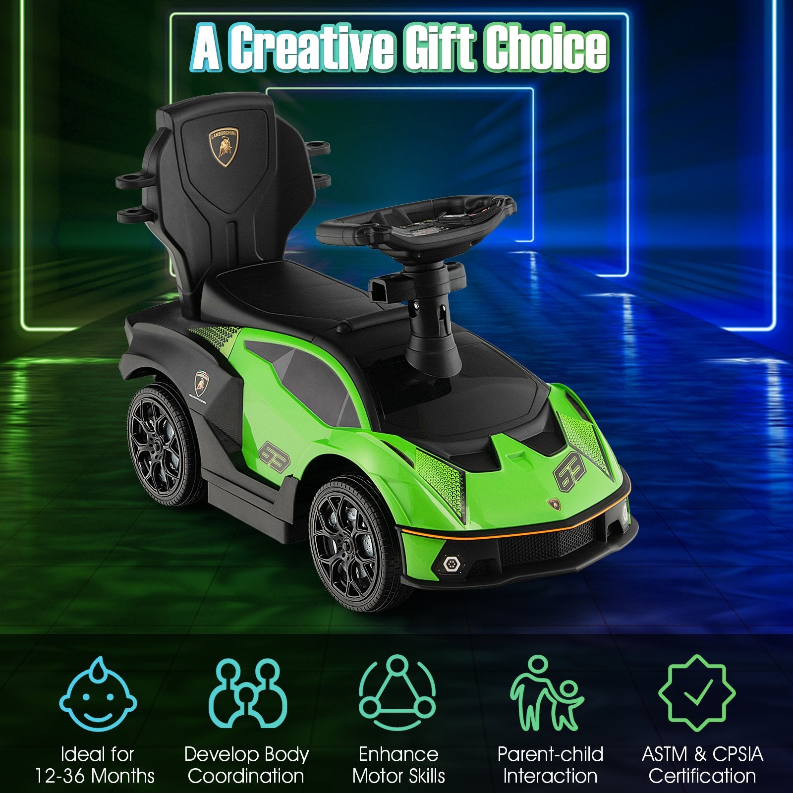 3-in-1 Licensed Lamborghini Ride on Push Car with Handle Guardrail, Green Push & Pedal Ride On Toys   at Gallery Canada