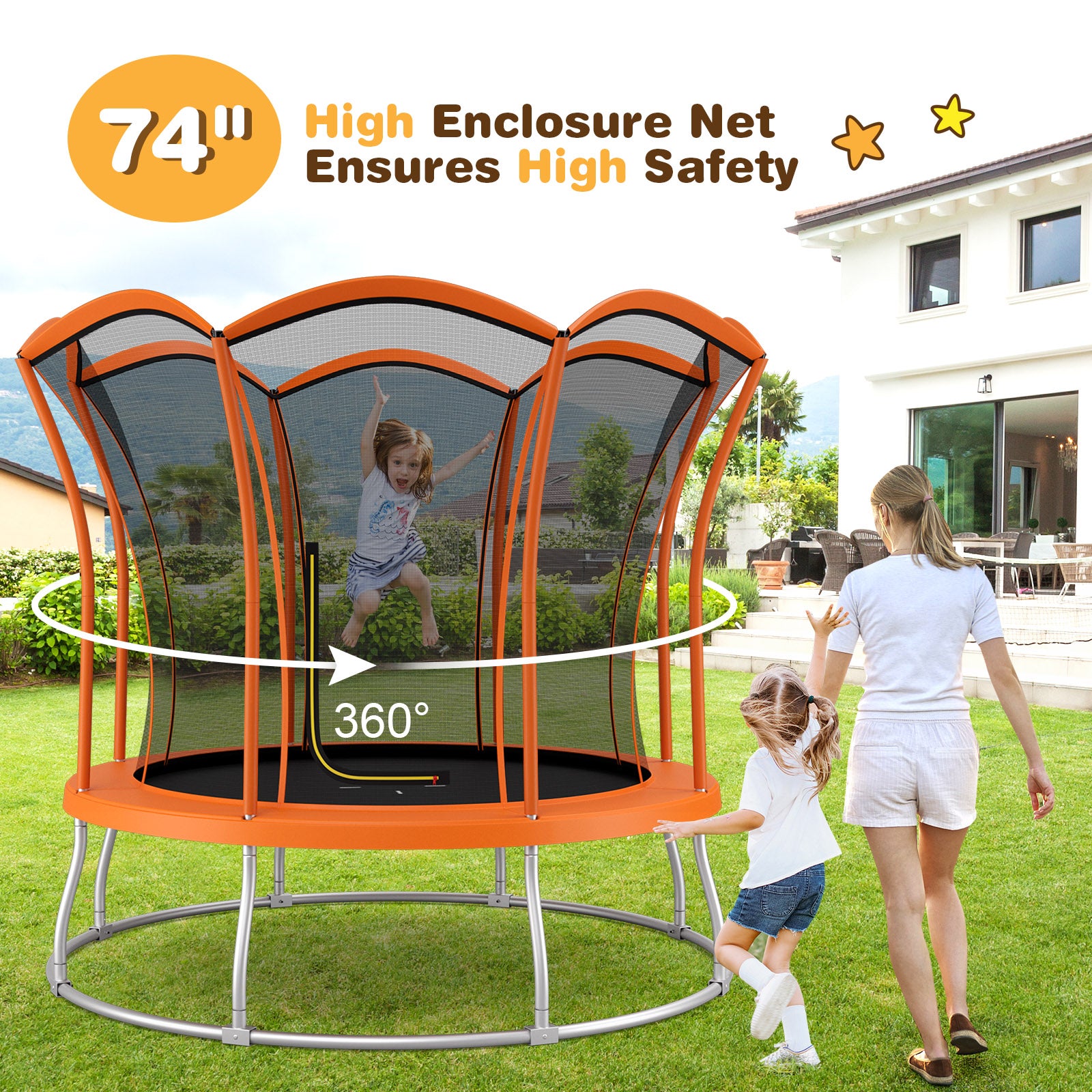 8 Feet Outdoor Unique Flower Shape Trampoline with Enclosure Net, Orange Trampolines at Gallery Canada