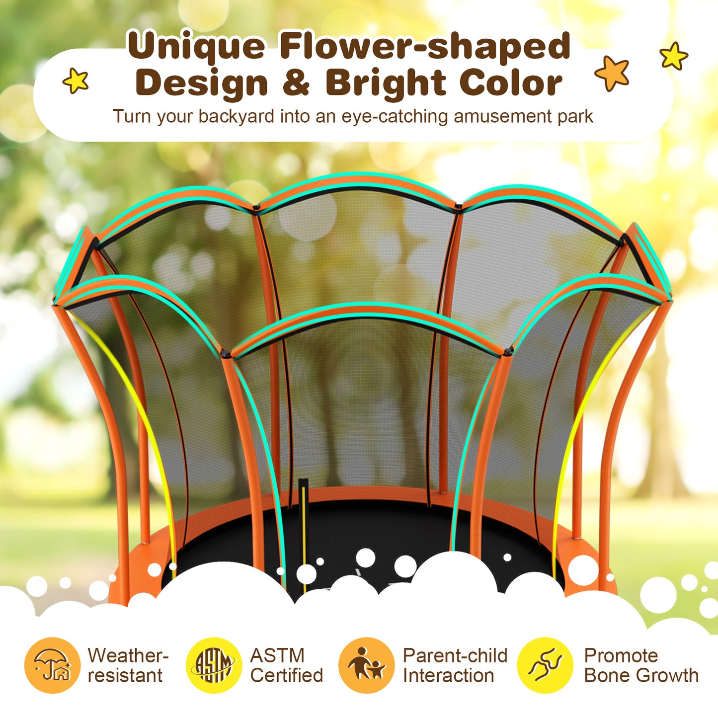 8 Feet Outdoor Unique Flower Shape Trampoline with Enclosure Net, Orange Trampolines at Gallery Canada