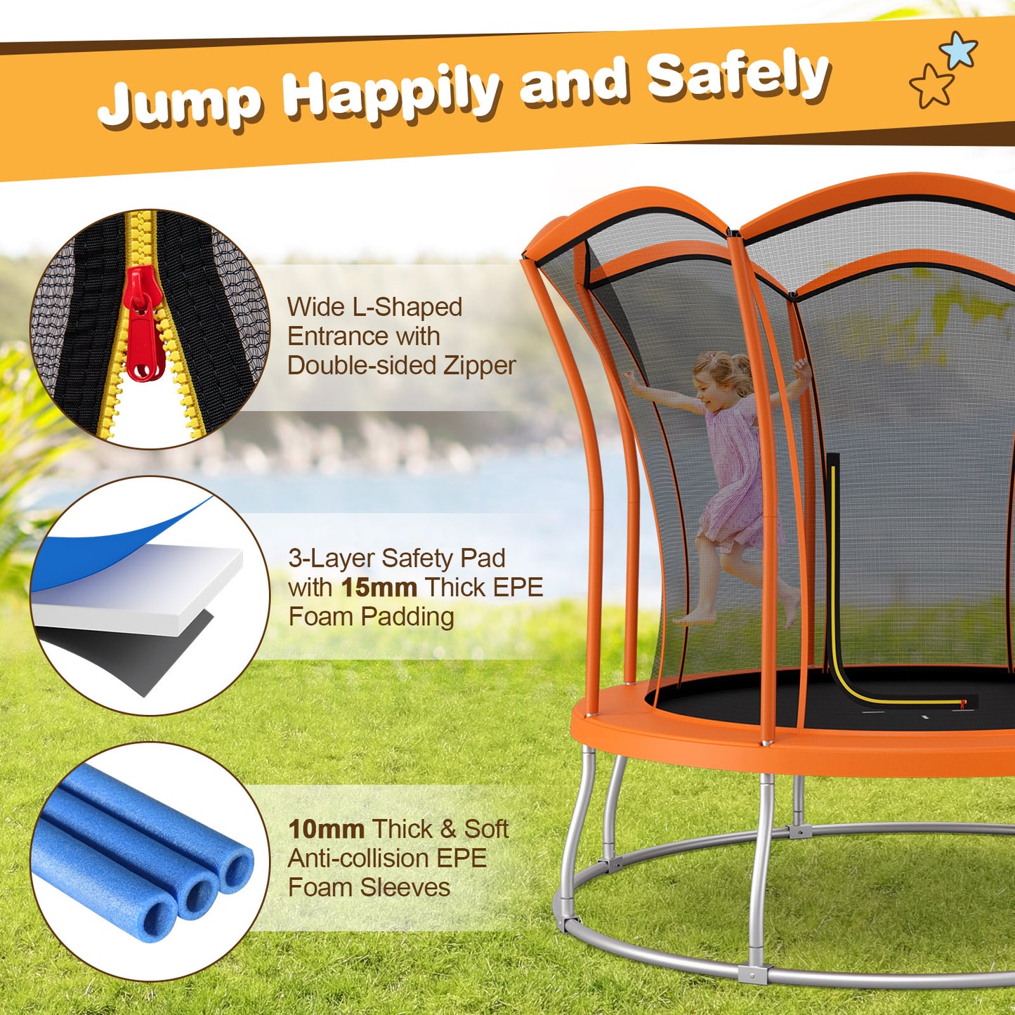 8 Feet Outdoor Unique Flower Shape Trampoline with Enclosure Net, Orange Trampolines at Gallery Canada