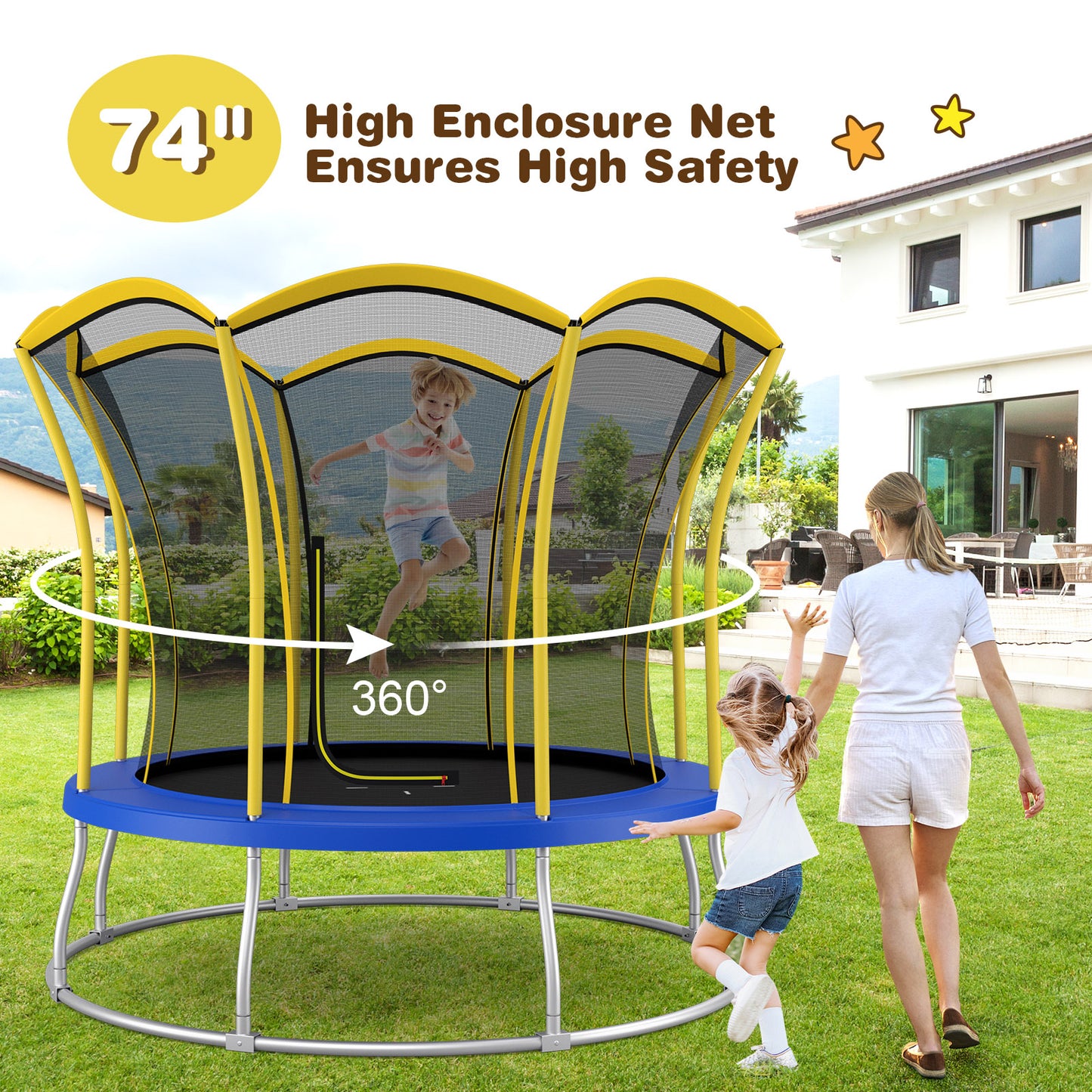 8 Feet Outdoor Unique Flower Shape Trampoline with Enclosure Net, Yellow Trampolines at Gallery Canada