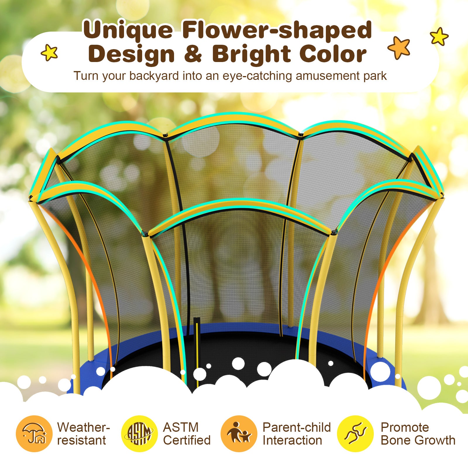 8 Feet Outdoor Unique Flower Shape Trampoline with Enclosure Net, Yellow Trampolines at Gallery Canada