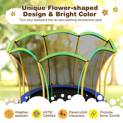 8 Feet Outdoor Unique Flower Shape Trampoline with Enclosure Net, Yellow Trampolines at Gallery Canada