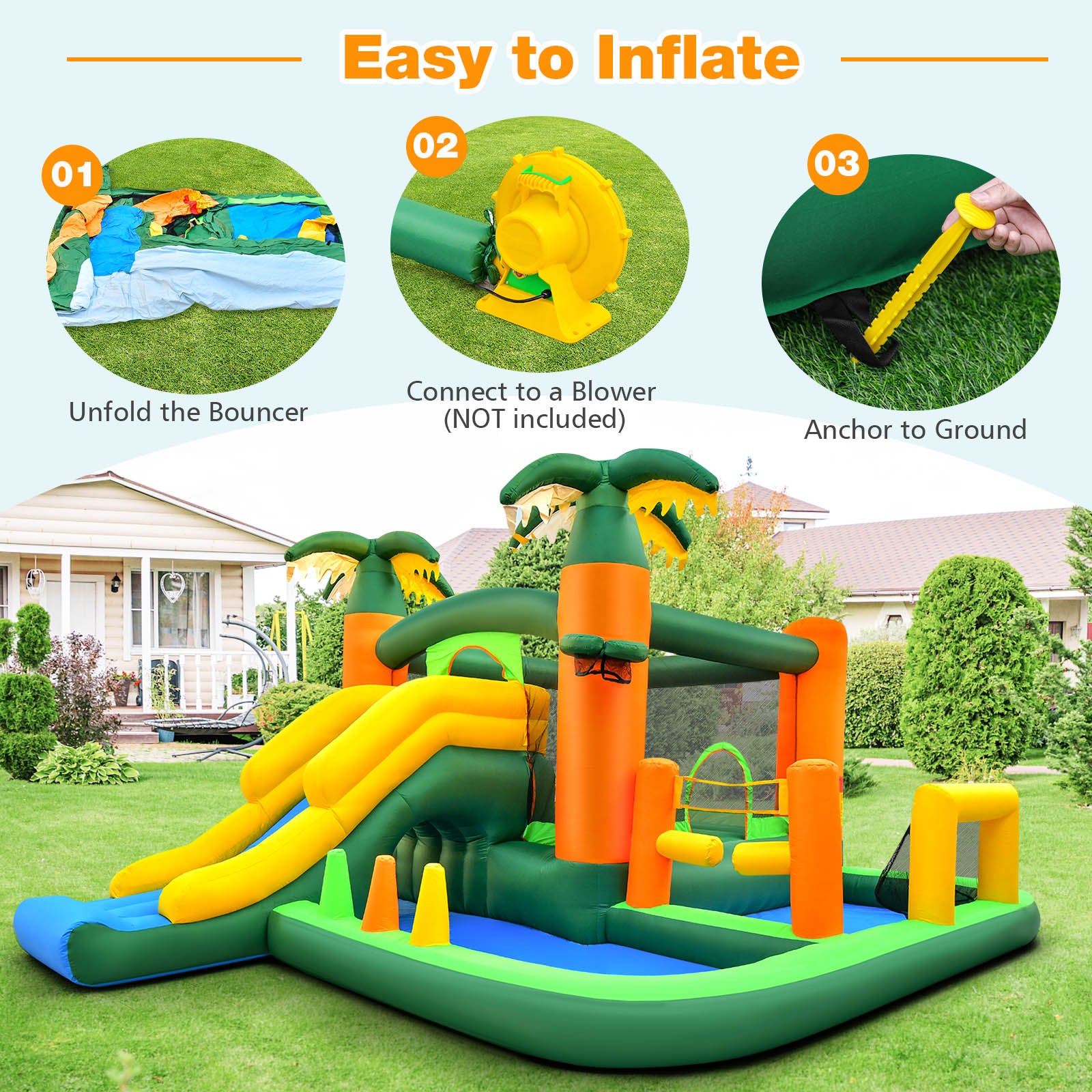 8-in-1 Tropical Inflatable Bounce Castle with 2 Ball Pits Slide and Tunnel Without Blower Bounce House at Gallery Canada