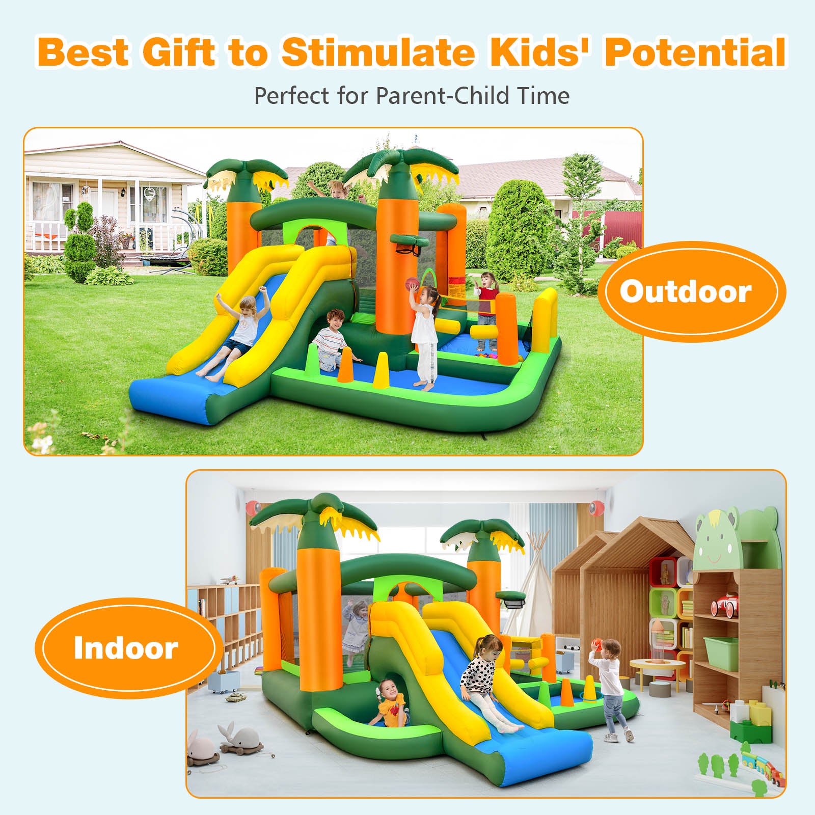 8-in-1 Tropical Inflatable Bounce Castle with 2 Ball Pits Slide and Tunnel Without Blower Bounce House at Gallery Canada