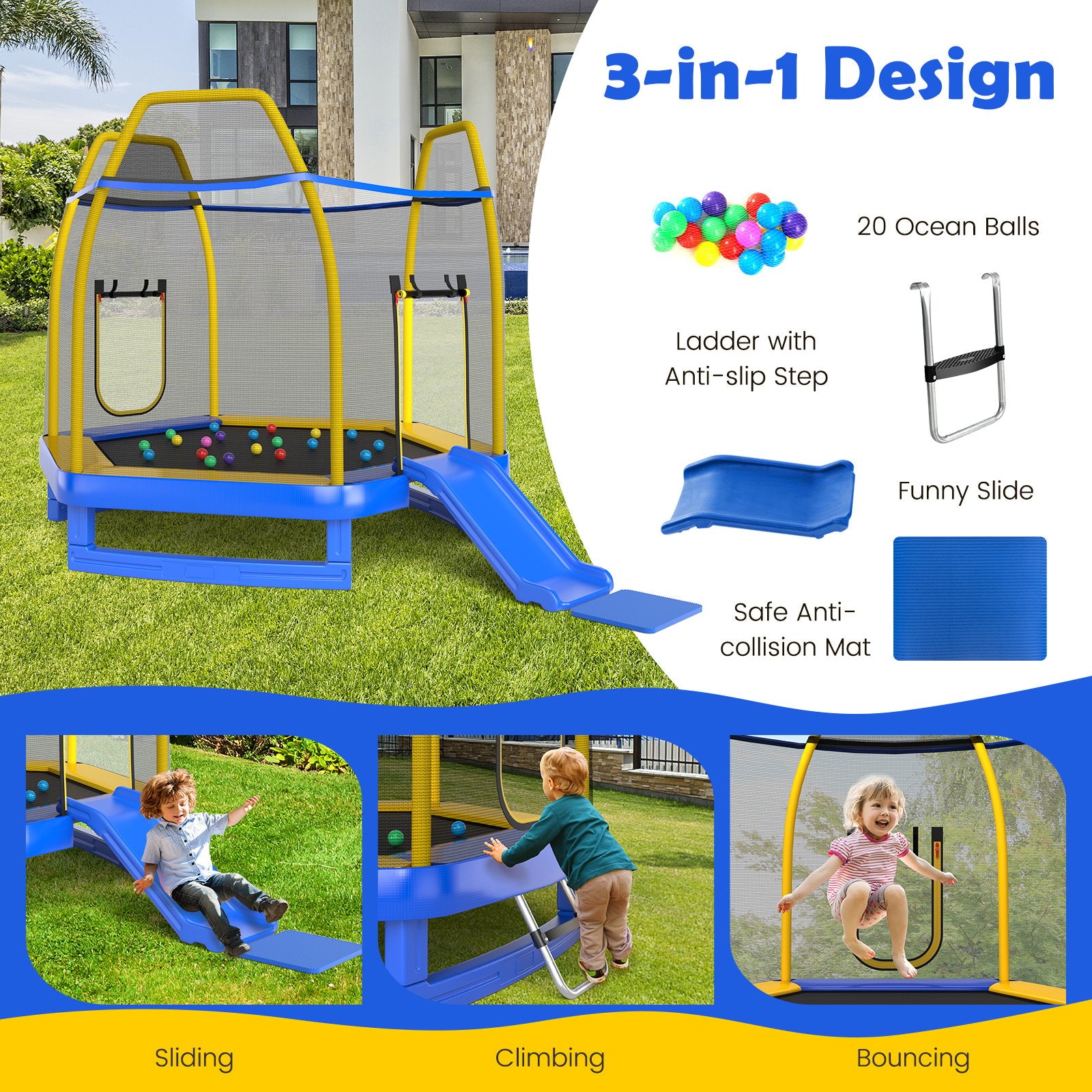 7 Feet Trampoline with Ladder and Slide for Indoor and Outdoor, Blue Trampolines   at Gallery Canada