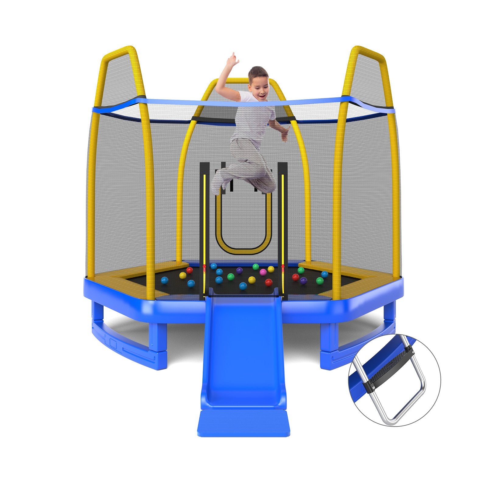 7 Feet Trampoline with Ladder and Slide for Indoor and Outdoor, Blue Trampolines   at Gallery Canada