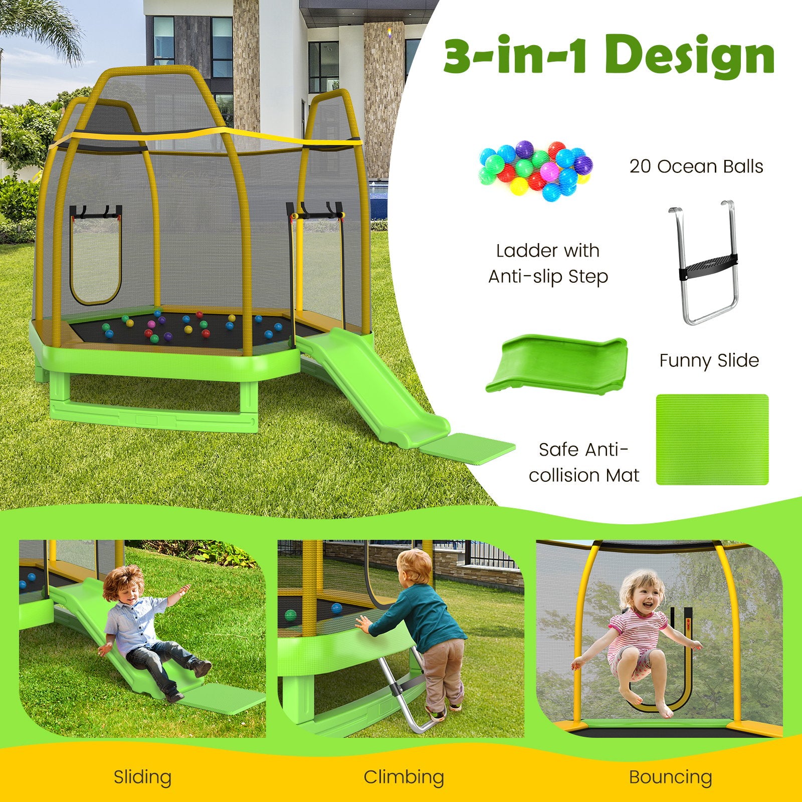 7 Feet Trampoline with Ladder and Slide for Indoor and Outdoor, Green Trampolines   at Gallery Canada