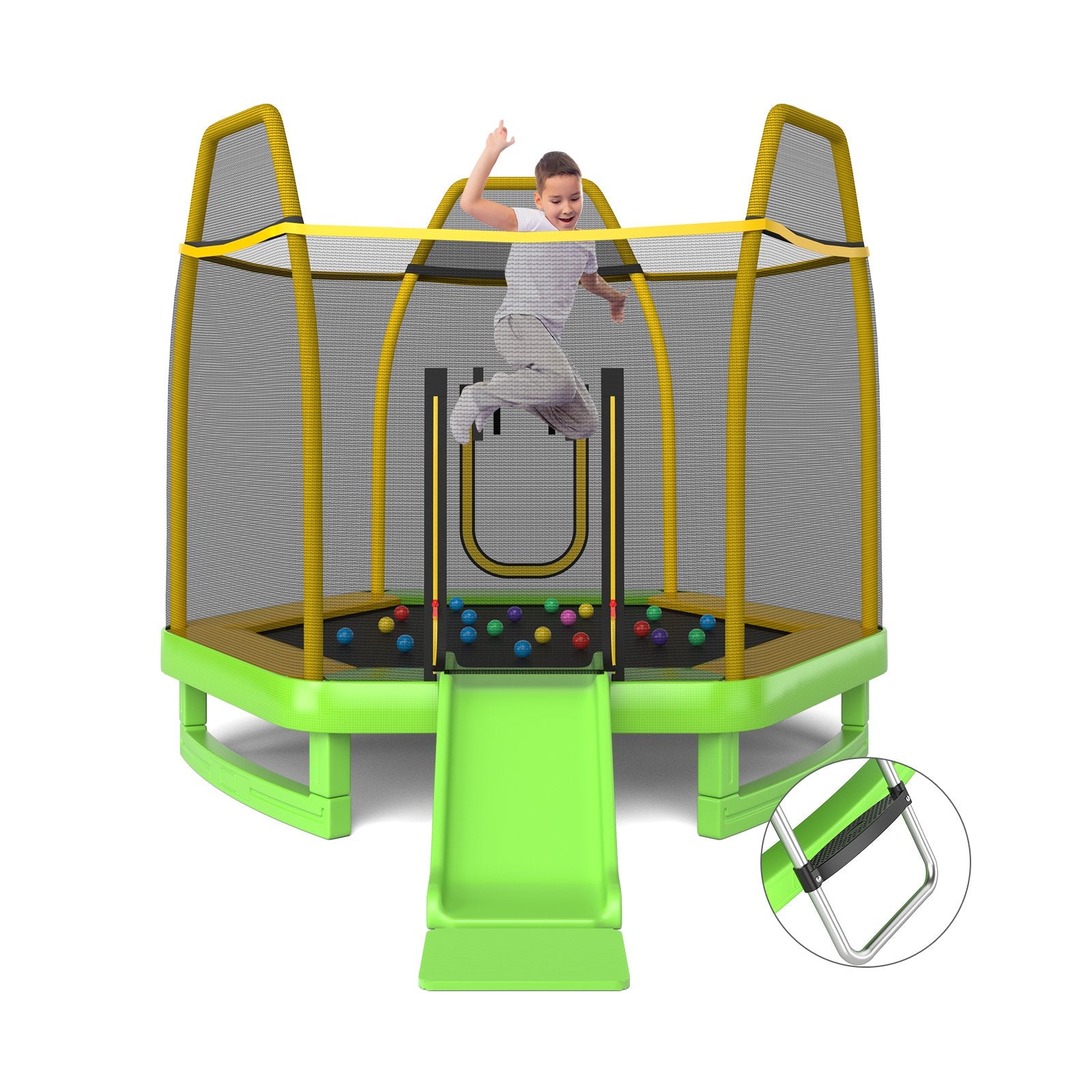 7 Feet Trampoline with Ladder and Slide for Indoor and Outdoor, Green Trampolines   at Gallery Canada