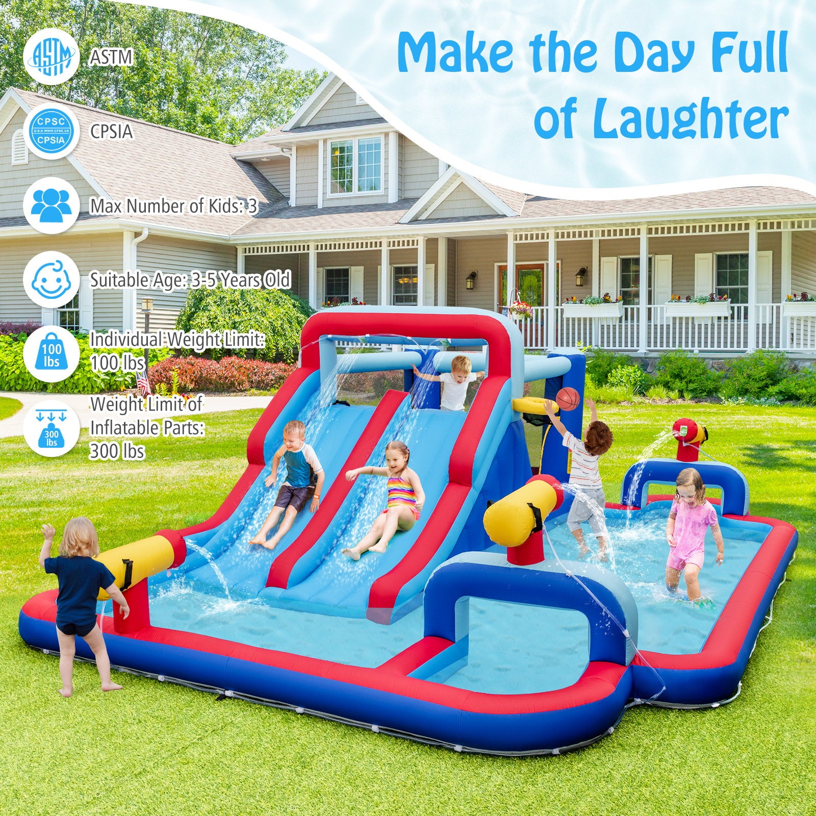 Inflatable Bounce House with 2 Water Slides and 3 Water Cannons With 750W Blower, Blue - Gallery Canada